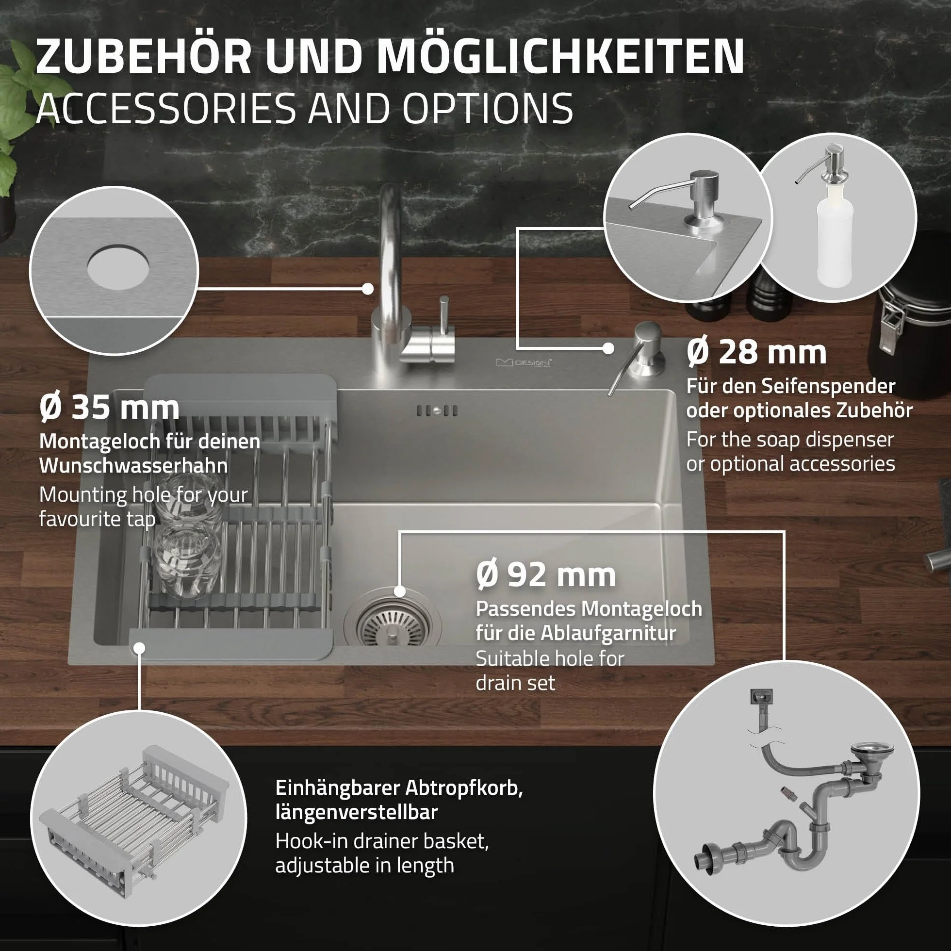 ML-Design Zlewozmywak kuchenny, 68 x 45 cm, z odpływem, dozownikiem mydła i koszem na ociekacz, ze stali nierdzewnej, srebrny, zlewozmywak z umywalką, montaż do zabudowy, umywalka domowa