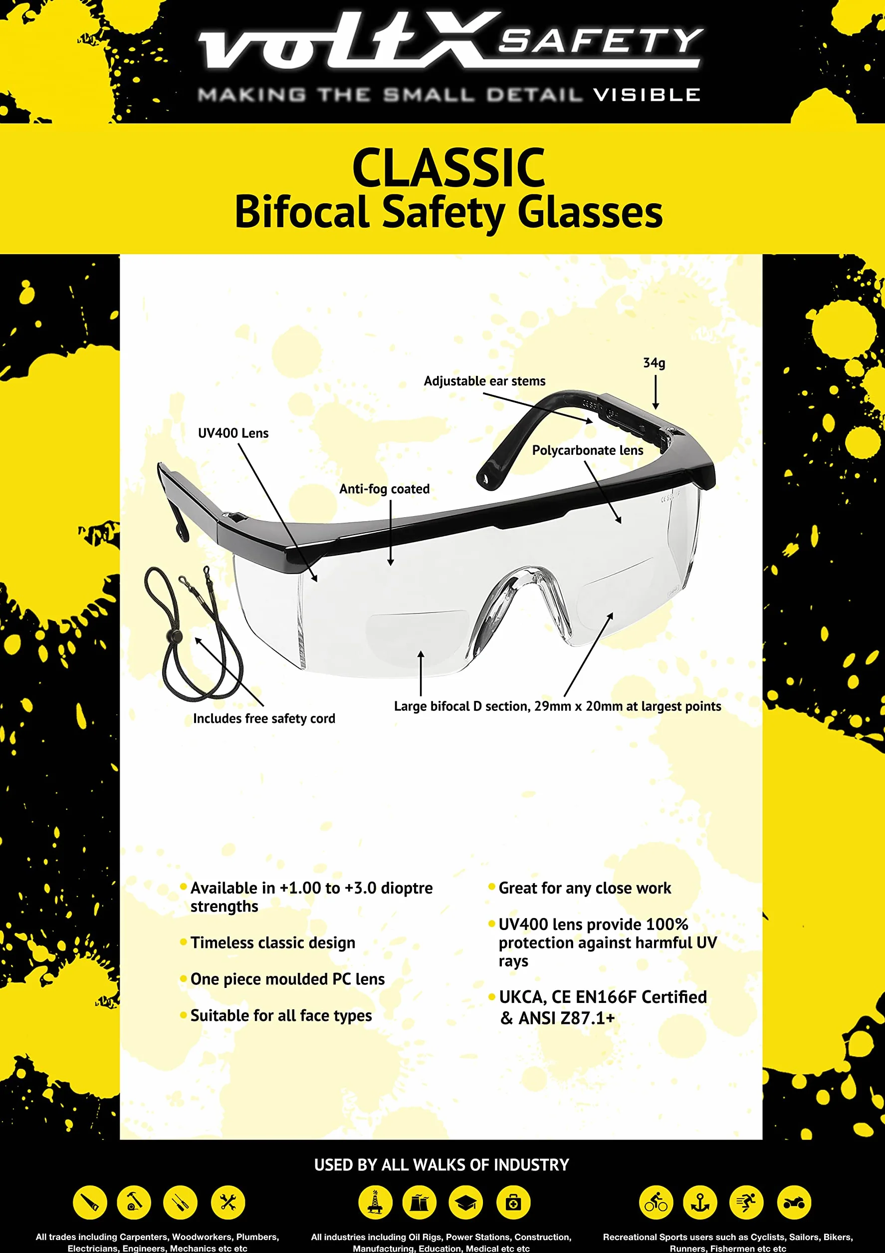 voltX Dwuogniskowe okulary ochronne "Classic" (przezroczyste +3.0 dioptrii) – certyfikat UKCA i CE EN166f – w zestawie sznurek zabezpieczający z ochroną głowy + soczewka przeciwmgielna UV400