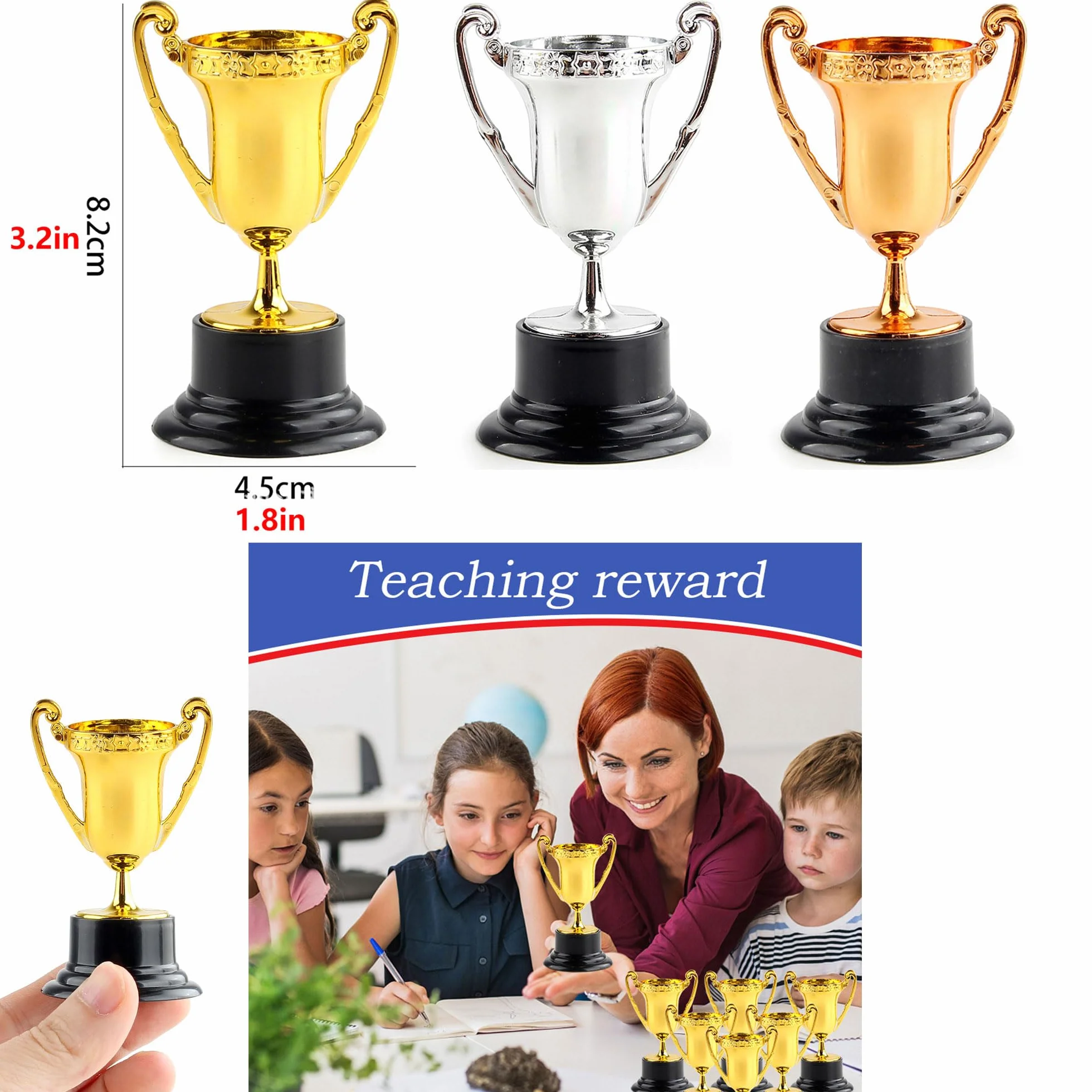 6-częściowy zestaw medali trofea złote mini trofea zwycięzca medale plastikowe trofeum mini złote trofea odpowiednie na przyjęcia urodzinowe, imprezy sportowe do szkoły