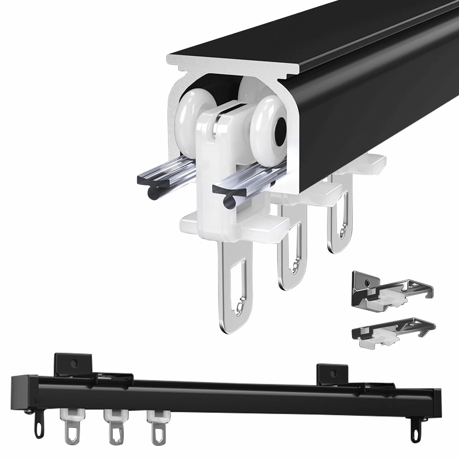 Regulowany system szyn aluminiowych 50–400 cm, do montażu na suficie i ścianie do zaciemnienia i przegrody pokoju, ciche prowadnice ślizgowe, 550 cm, czarne
