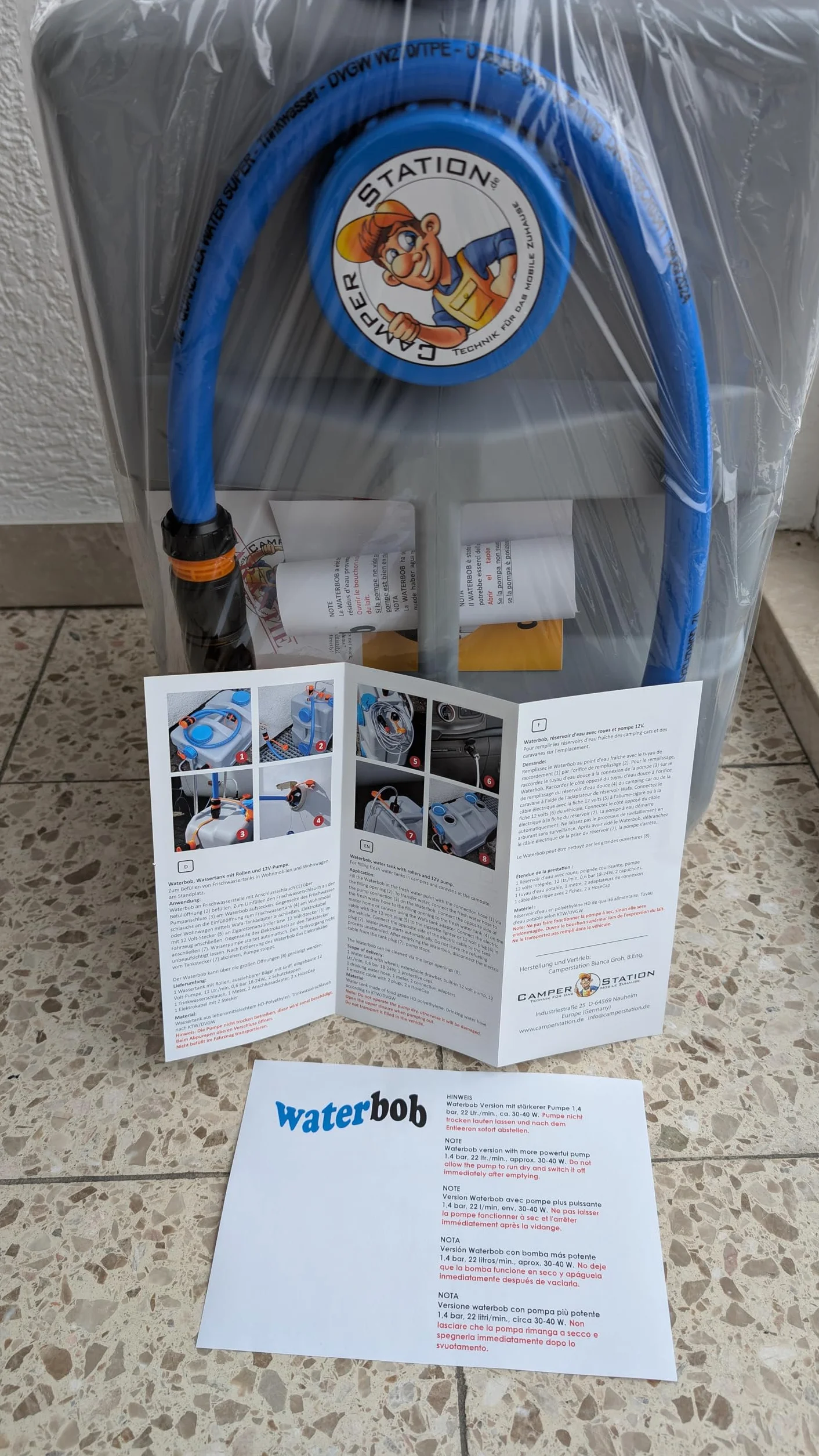 WaterBob, Zbiornik na wodę na kółkach z pompą 12 V, szary, długość 50 cm, szerokość 32 cm, wysokość 30 cm