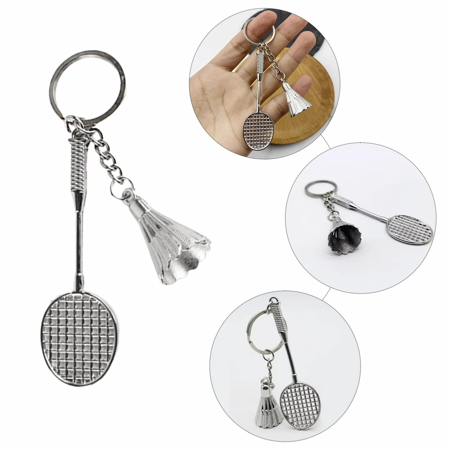 3 sztuki breloczków do kluczy z piłką nożną i badmintonem, kreatywnymi akcesoriami do metalowych piłek, do toreb, kluczy, zawieszek DIY, uniseks (srebrny), srebro, jeden rozmiar