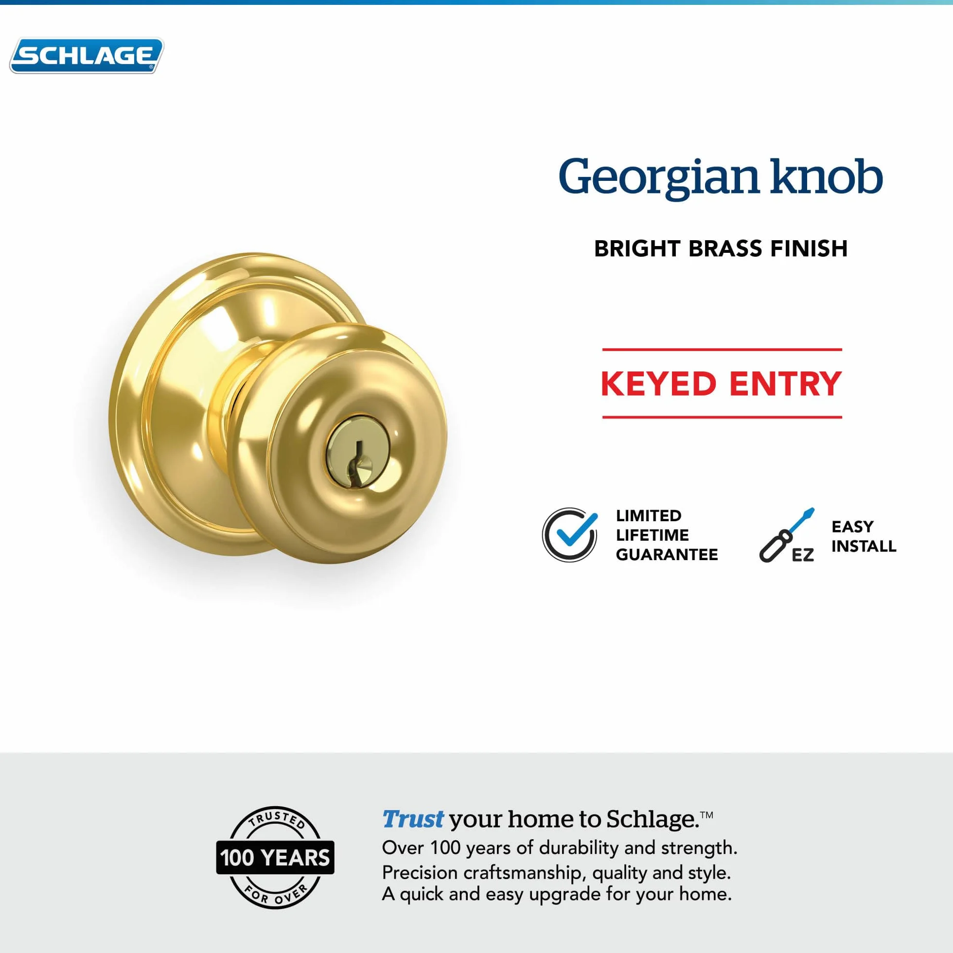 Schlage F51A GEO 605 gruzińska gałka z kluczem, jasna mosiężna blokada firmy