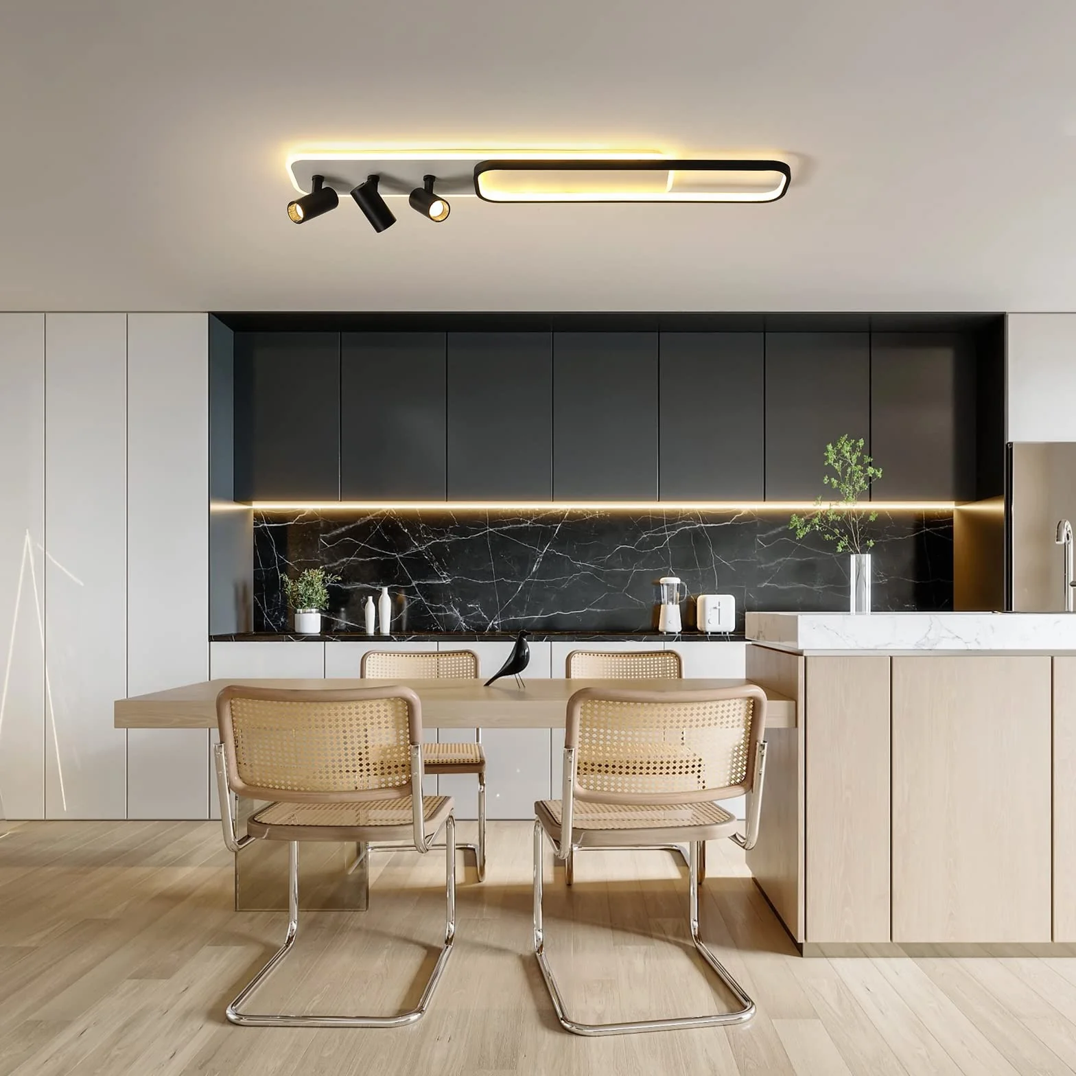 Oninio Nowoczesna lampa sufitowa, 3-punktowa szyna świetlna Czarny akryl z białą geometryczną lampą sufitową Możliwość przyciemniania Pilot Salon Sypialnia Kuchnia Jadalnia