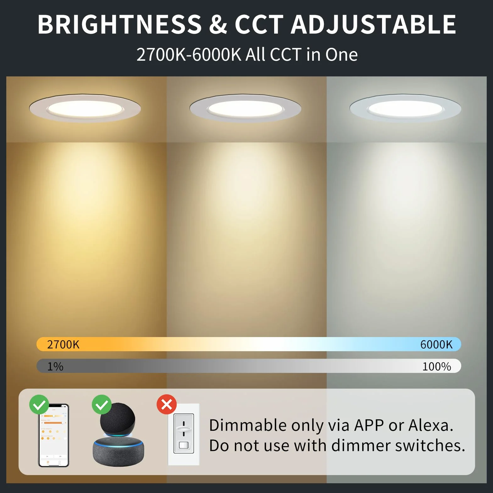 DUSKTEC Wbudowany reflektor LED Alexa Bluetooth 220 V RGB 68 mm ściemnialny 7 W IP44