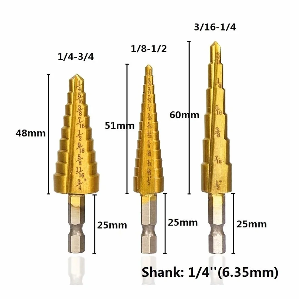 Wiertła stopniowe 1/8 "-3/4" Calowe wiertło stopniowe Wiertło HSS ne pokryte tytanem Wiertło do otworów w drewnie/metalu Wiertło stopniowe (kolor: okrągły zestaw z torbą) (zestaw sześciokątny z torb