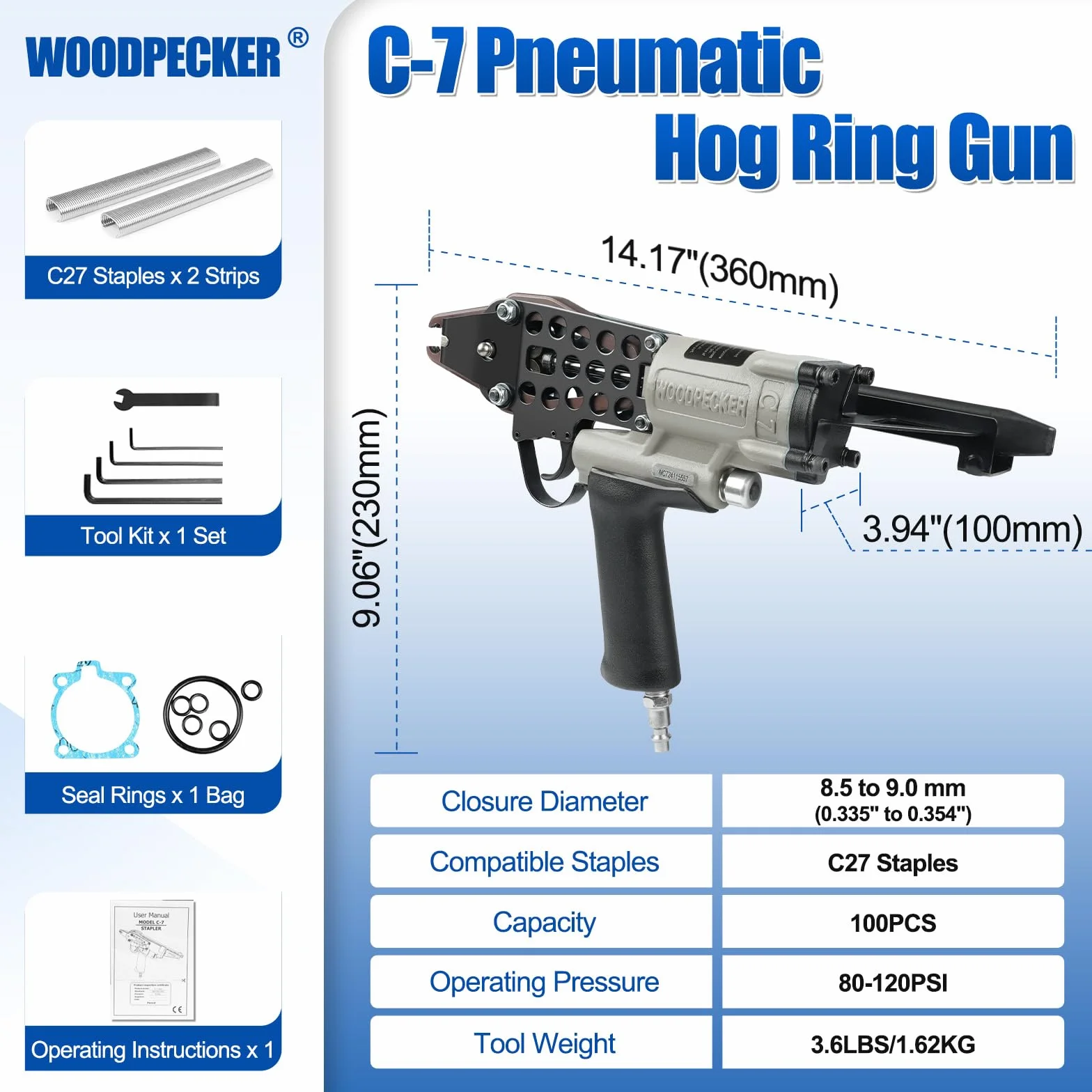 Dzięcioł C-7 pneumatyczne szczypce do pierścieni wieprzowych 27 mm, korona, średnica zamknięcia 8,5 mm do 9,0 mm, pistolet pierścieniowy do produkcji materacy, spinania, ogrodzenia, klatek
