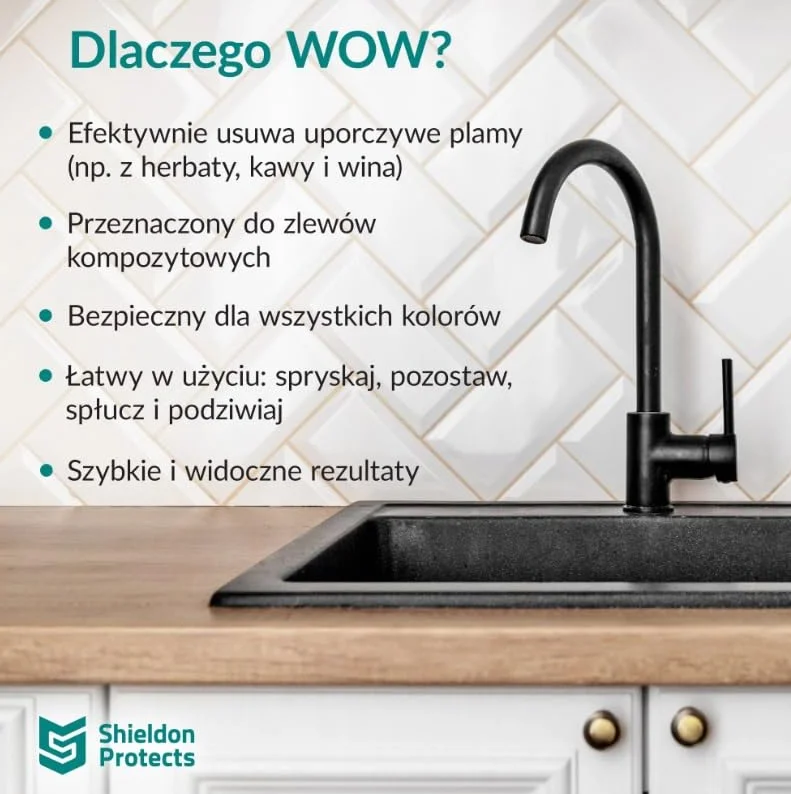 Środek do czyszczenia zlewozmywaków granitowych WOW - usuwa ciemno brązowe odbarwienia, plamy