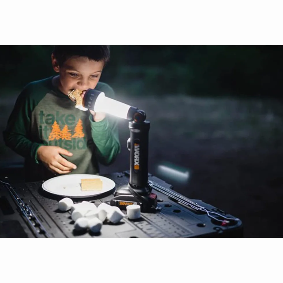 WORX WX027.9 Lampa LED 4 w 1, Akumulatorowa Lampa Wielofunkcyjna, 20V, 120-510 Lumenów na Kemping, w Podróży i Nie Tylko, bez Akumulatora i Ładowarki, Klasa Energetyczna A