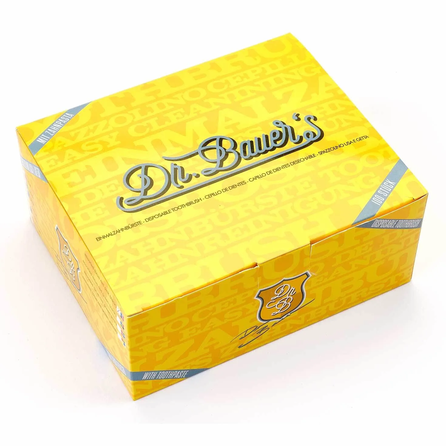 Dr. Bauer's jednorazowe szczoteczki do zębów, jednorazowe szczoteczki do zębów, z pastą do zębów, pakowane pojedynczo, opakowanie 100 sztuk, mix (niebiesko-zielono-czerwono-czarne)