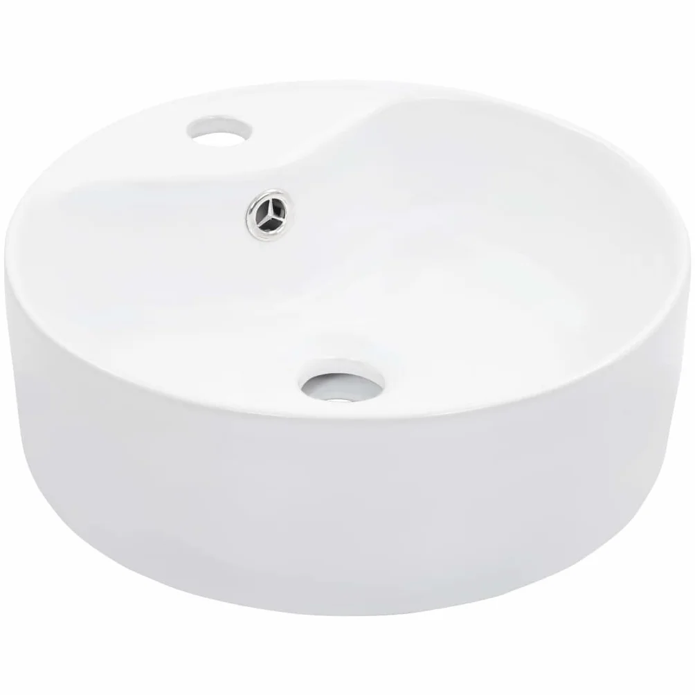 Ceramiczna umywalka nablatowa umywalka z przelewem 36 x 13 cm, biała, okrągła, do umywalki ręcznej przy umywalce, z otworem na kran i otworem odpływowym do pomieszczeń sanitarnych