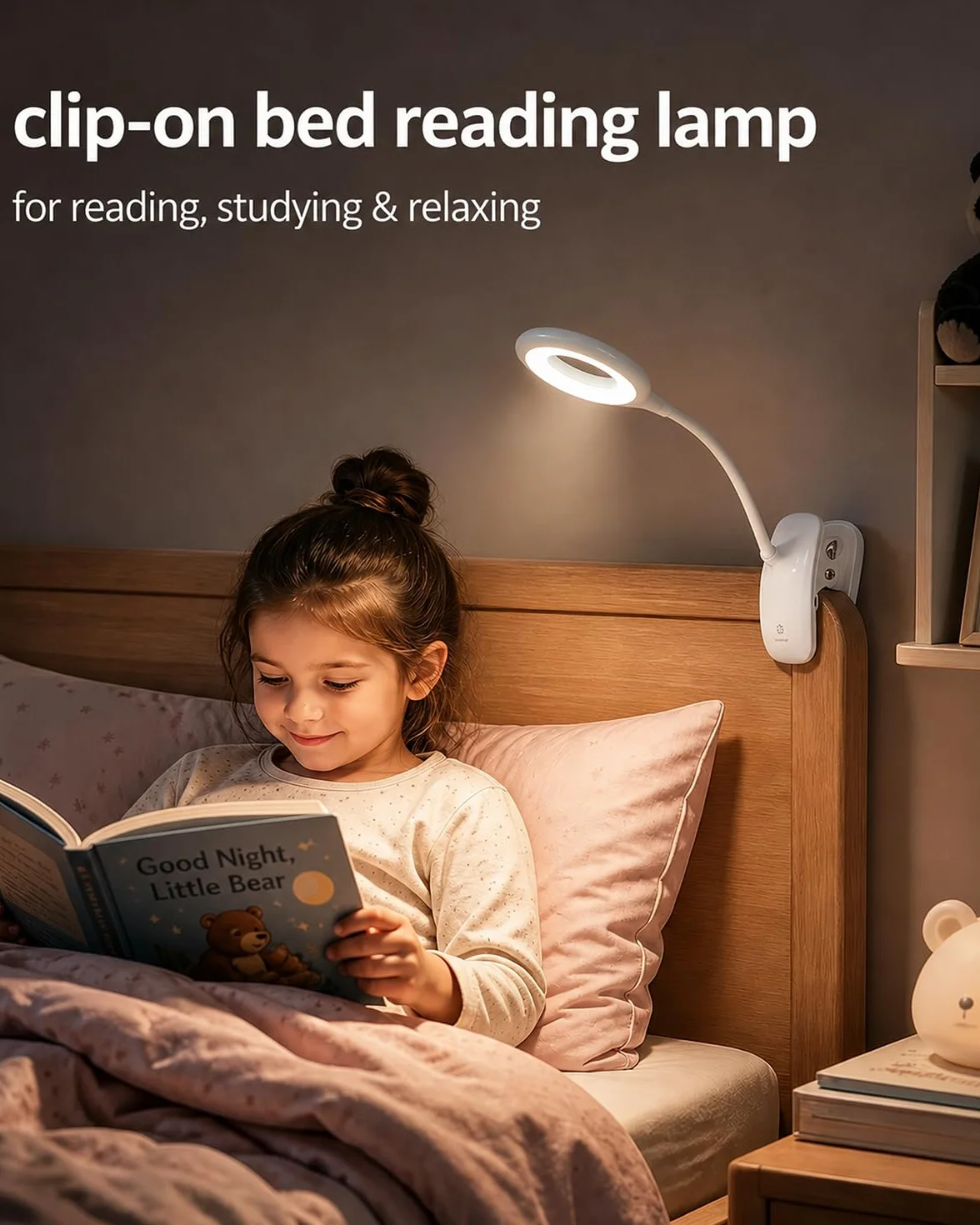 Lampka Zaciskowa LED do Czytania z Klipsem USB, 3 Kolory Światła, Dotykowe Ściemnianie, Elastyczne Ramię, Biała