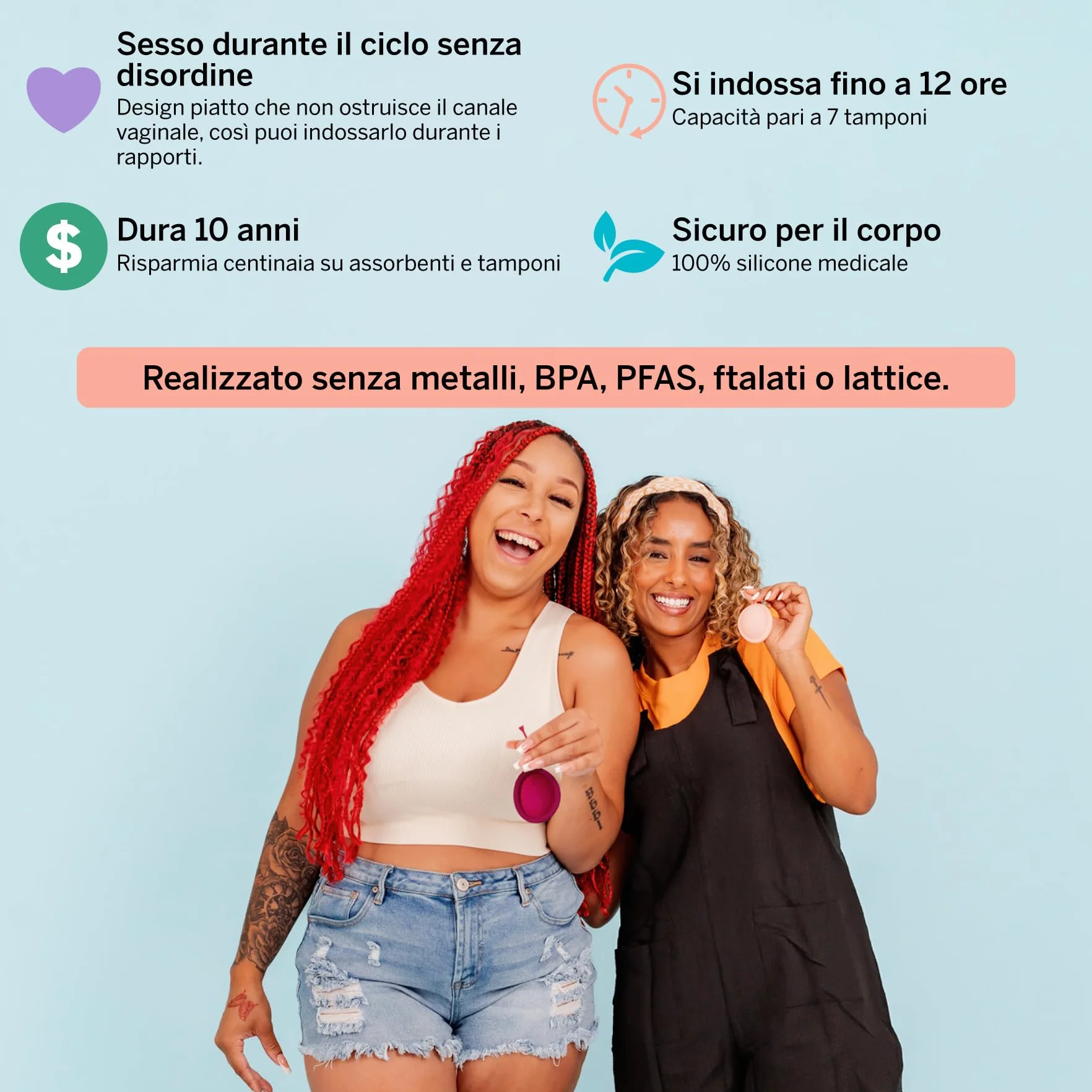 2 krążki menstruacyjne - bez metali i toksyn - 100% silikon klasy medycznej - 1 miejsce dla większości miękkich dysków wielokrotnego użytku - usuwa się jak tampon - zużycie 12 godzin - pojemność 3 i 6