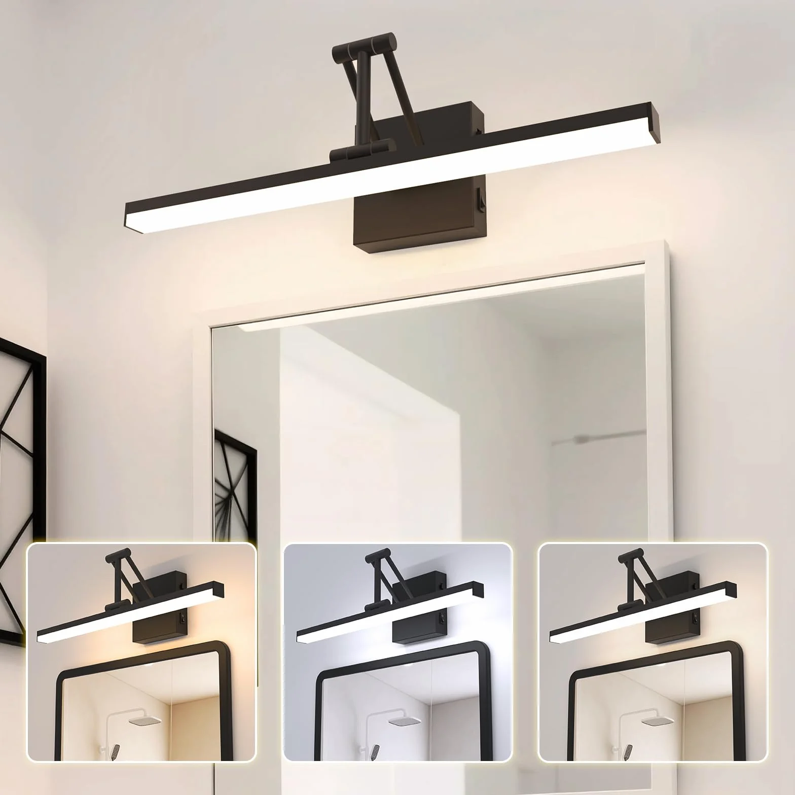 Sytmhoe Lampa Łazienkowa Nad Lustro 3000K 4000K 6000K Zmienny z Wspornik Teleskopowy,12W 960LM Ip44 Oświetlenie Obrazów z Wyłącznikiem, 48,5CM Kinkiet Do Łazienki Nad Lustro Czarny