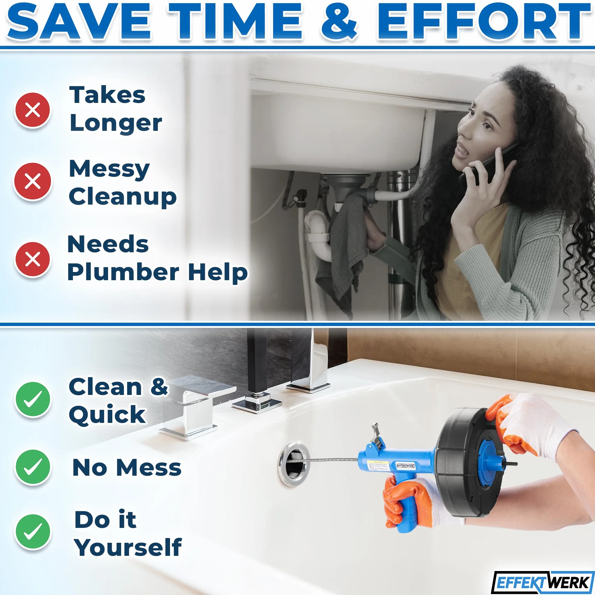 Drain Auger Drill Attachment with 7.6 m Plumbing Snake, Gloves, and Storage Bag - Pipe Clog Remover for Bathtub, Bathroom/Kitchen Sink and Shower Drains