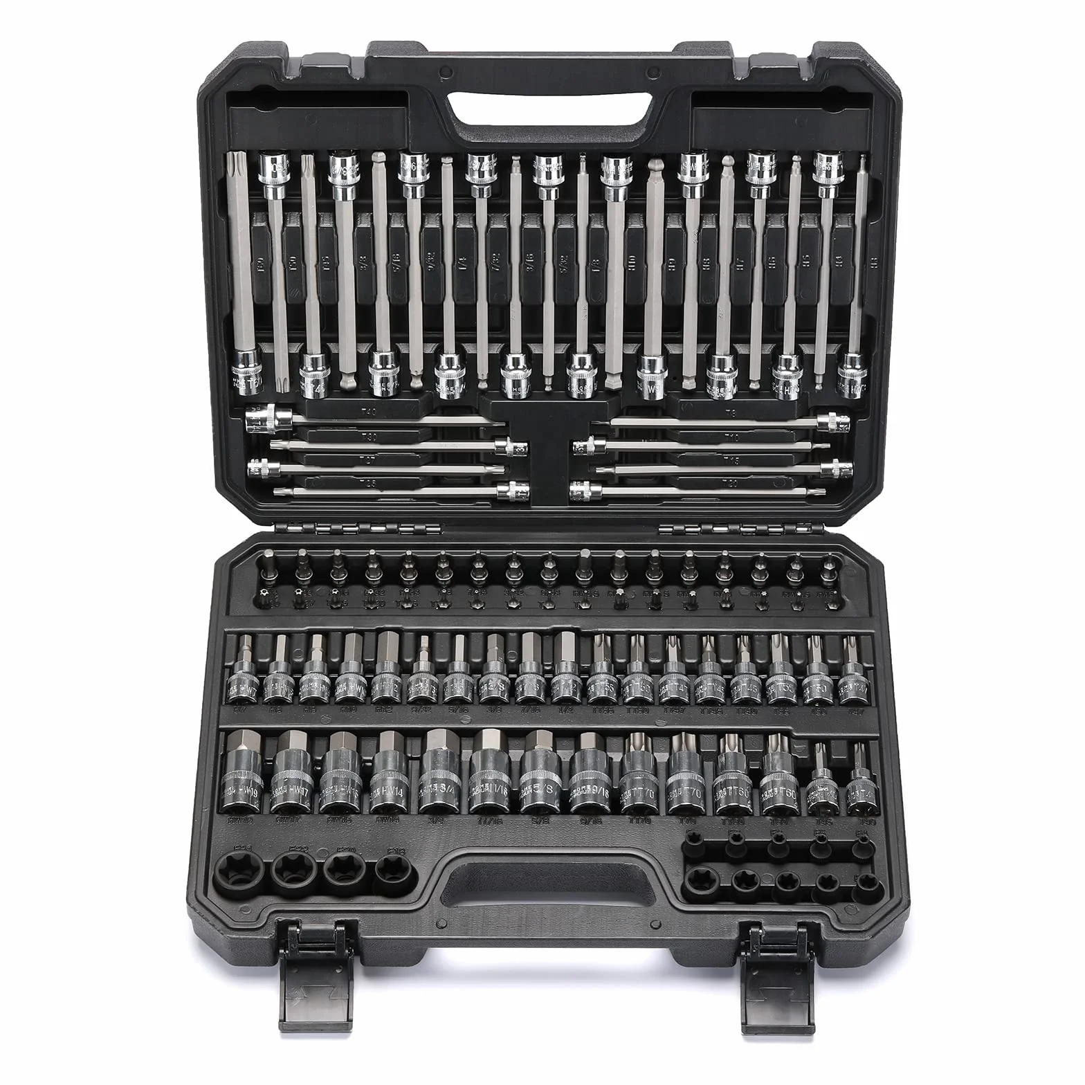 Mayouko Zestaw nasadek bitowych 107 sztuk, 1/10.2 cm, 3/20.3 cm i 1/5.1 cm, Torx/Extra Long Torx/Tamper Proof Torx/Hex/Ball End Hex, SAE/Metric, S2 stalowe bity