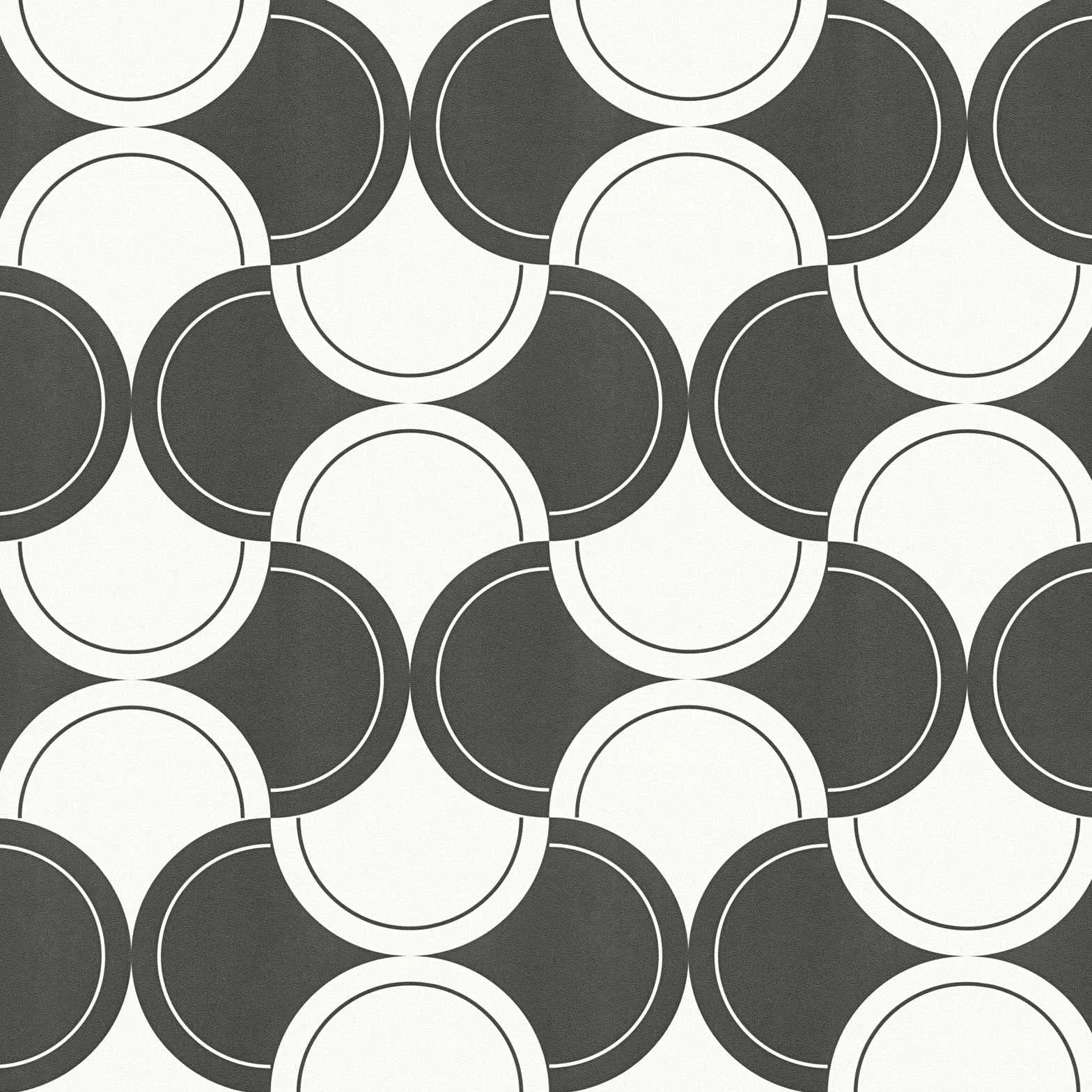 Tapeta retro lata 70. na fizelinie czarno-biała geometryczny wzór koła 10,05 x 0,53 m