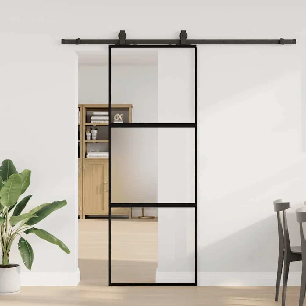 Aluminiowe drzwi przesuwne czarne 76 x 205 cm z matowym szkłem hartowanym, łącznie z zestawem okuć ze stali malowanej proszkowo dla cichego i bezpiecznego użytkowania