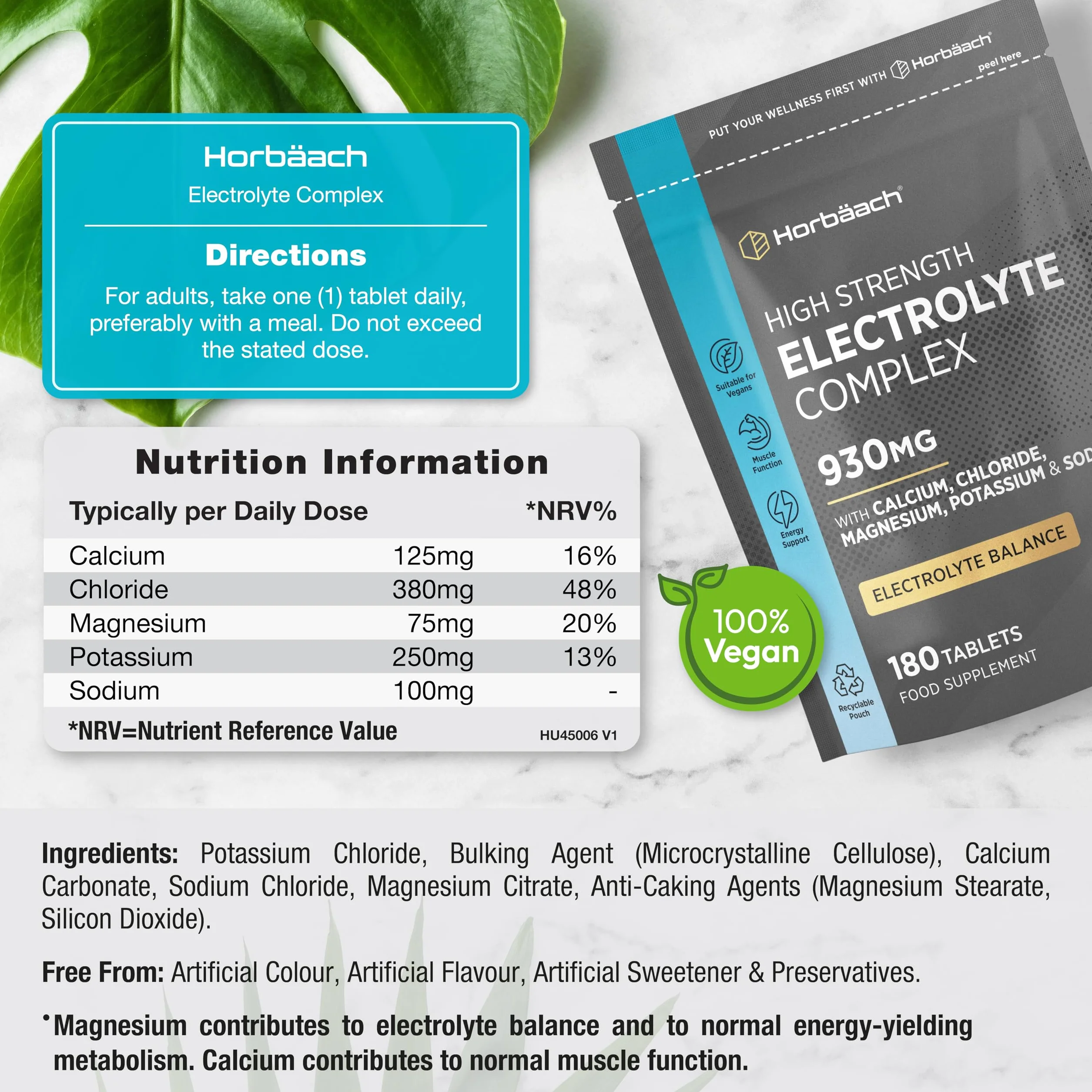 Tabletki elektrolitowe 1575 mg Horbaach 240 wegańskich tabletek z potasem chlorkiem wapniem magnezem sodem