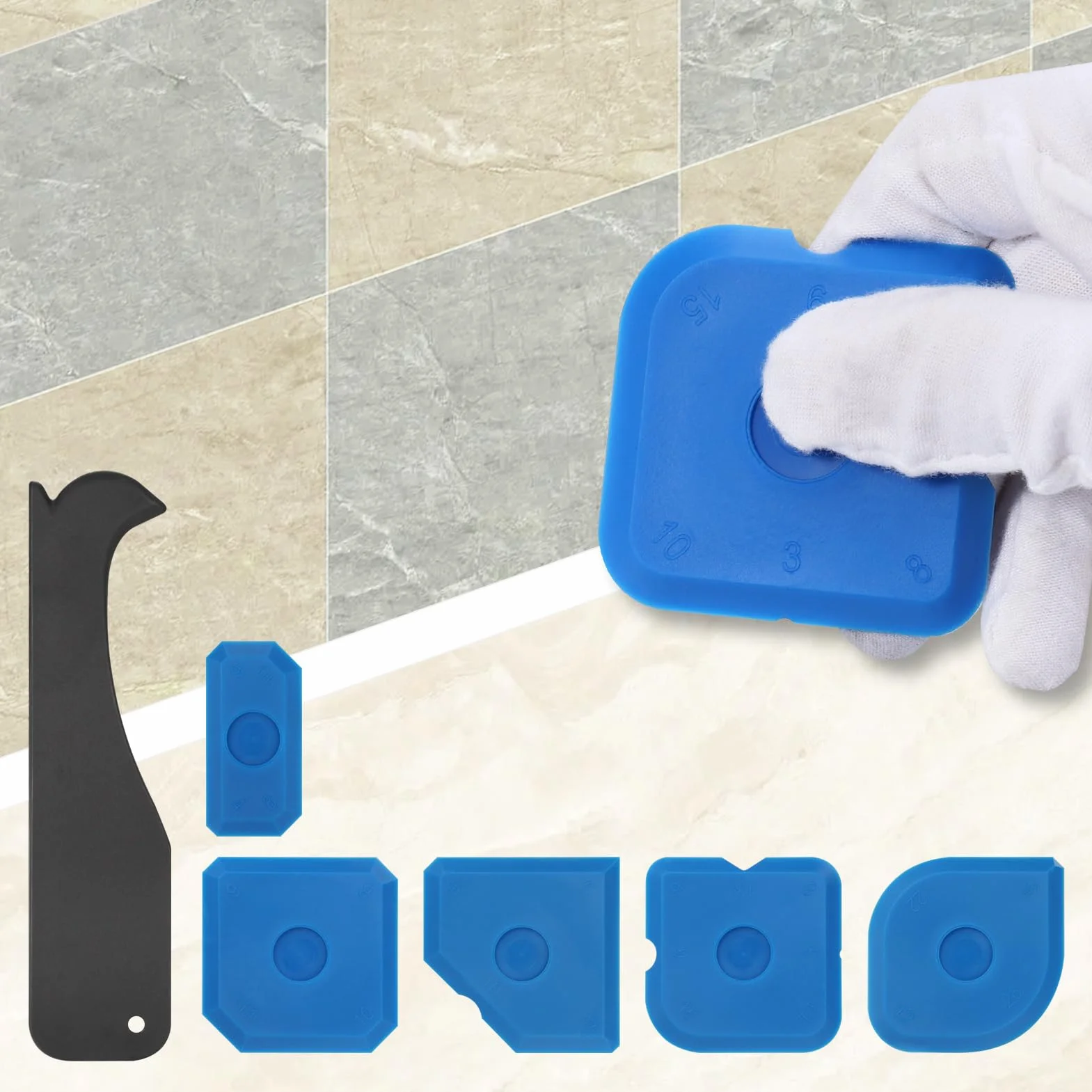 Zestaw 10 narzędzi do skrobaków, 4 ściągacze metalowe, 5 wygładzaczy silicone, 1 skrobak z tworzywa sztucznego, 1 ściągacz fug silicone, narzędzie do usuwania silikonu