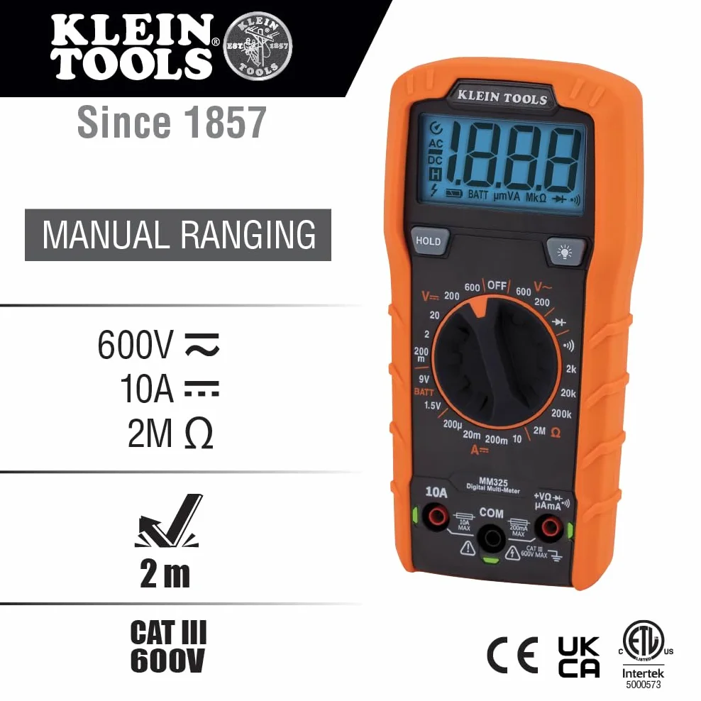 Klein Tools Multimetr MM325, cyfrowy ręczny tester napięcia 600 V AC/DC, testuje baterie, prąd, rezystancję, diody i ciągłość, czarny