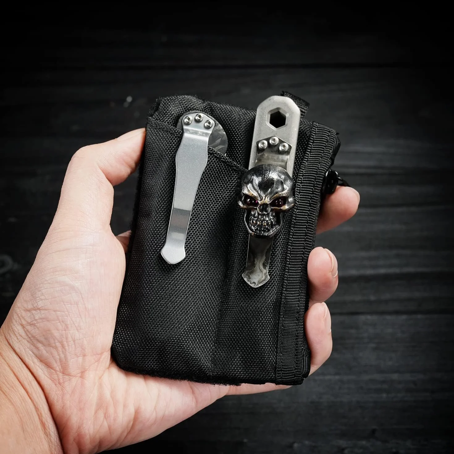 VIPERADE VE17 Mały woreczek EDC, organizer kieszonkowy EDC z obszarem naszywki DIY, mini woreczek EDC z kieszenią na zamek błyskawiczny, mała kieszeń na karty, 2 przegródki na EDC (czarna)