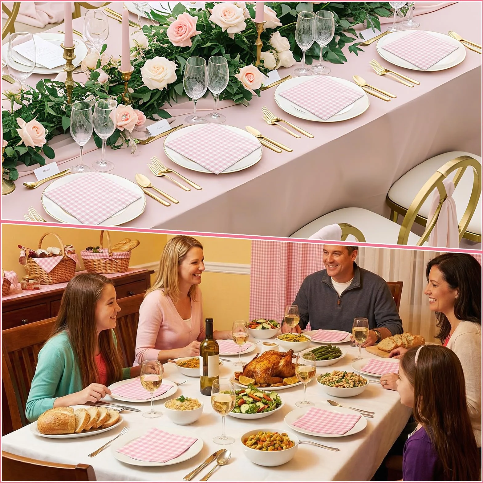 Różowe papierowe serwetki w kratkę, 16,5 cm, 2-warstwowe, różowe i białe papierowe serwetki jednorazowe na wesela, baby shower, pikniki i dekoracje świąteczne