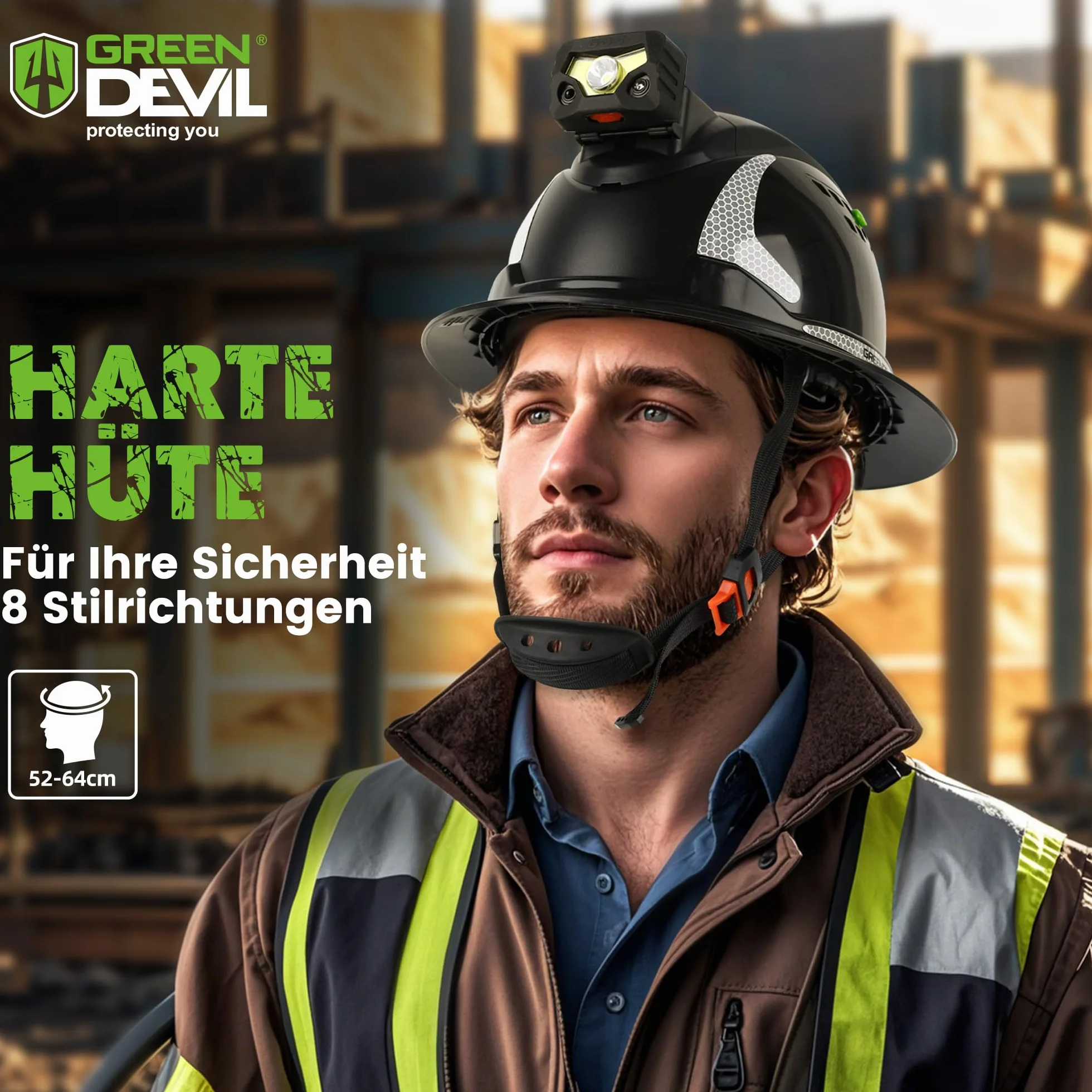 GREEN DEVIL Matrix Full Brim kask ochronny EN 397 – kask ochronny z wentylacją, latarka czołowa LED (IPX5), system 6-punktowy i regulowana wyściółka wewnętrzna – idealny do budownictwa, przemysłu,
