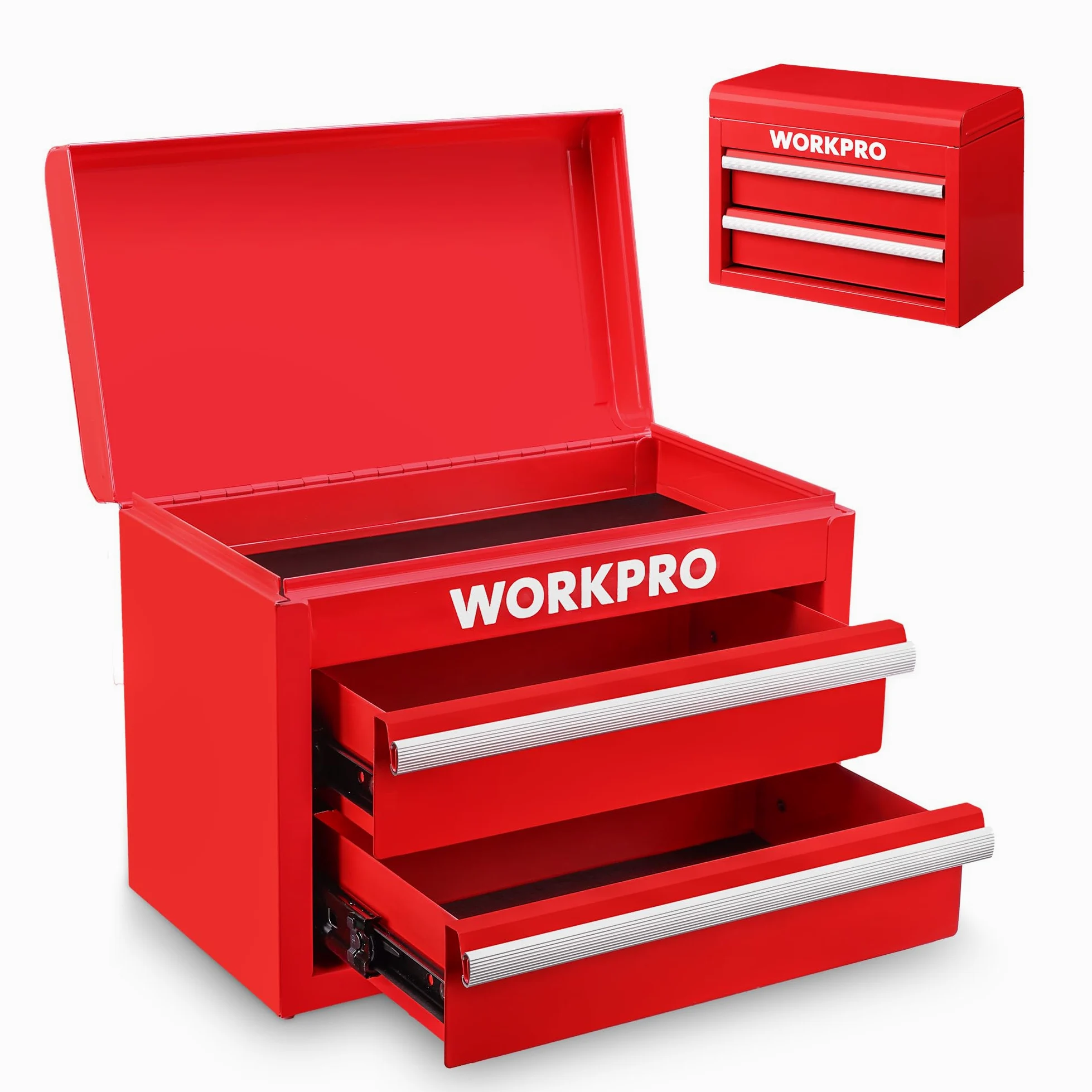 WORKPRO Metalowa skrzynka z szufladami z 2 szufladami i górną przestrzenią przechowywania, czerwona, 27,5x15x20,8 cm, organizer na biurko z szufladami do biura, szatni i biurka