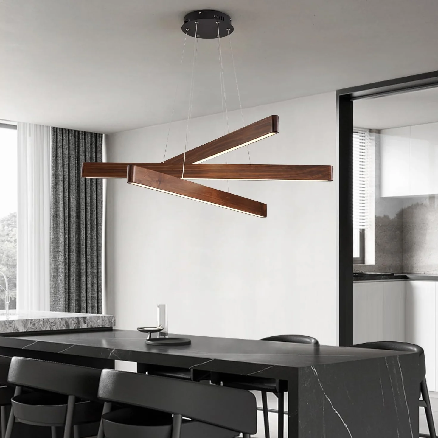 YISDESIGN 3-świetlna liniowa lampa wisząca do jadalni nowoczesne żyrandole LED do salonu ściemniana drewniana lampa sufitowa wisząca 45 W do salonu jadalni kuchni wyspy kolor orzecha włoskiego