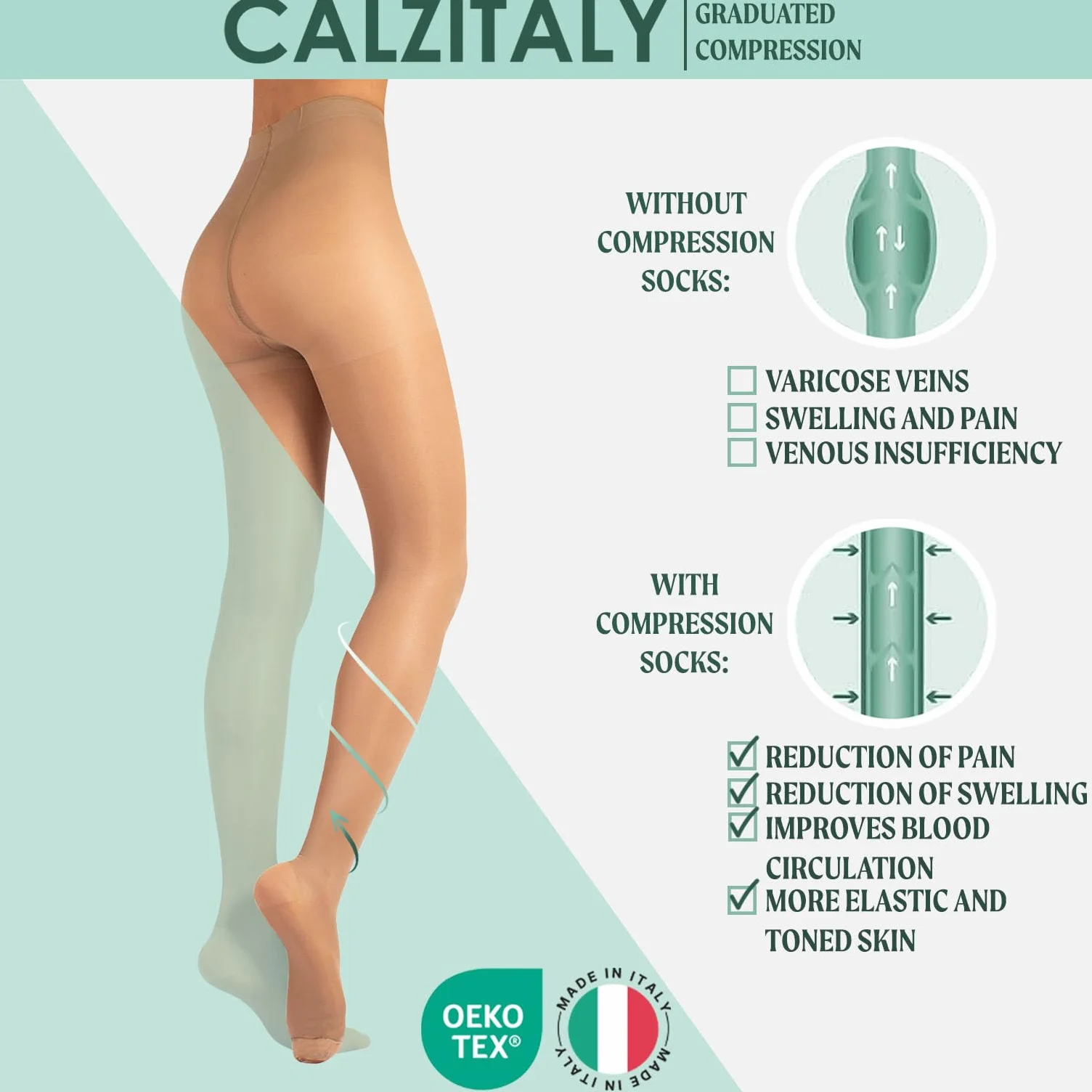 CALZITALY Damskie rajstopy medyczne | 10-14 Mmhg stopniowane rajstopy kompresyjne | 140 Den | czarne, skóra | wyprodukowano we Włoszech |
