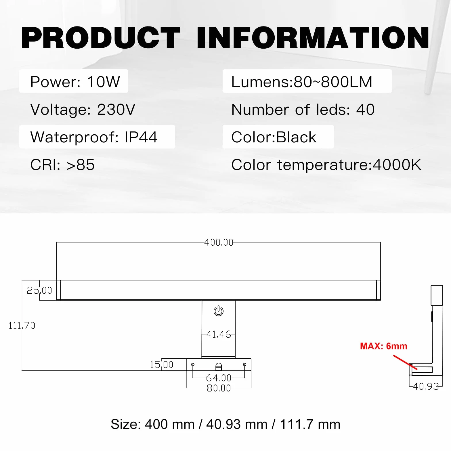 DEELUX Lampa łazienkowa na lustro łazienkowe, z przełącznikiem dotykowym, ściemniane światło LED (80~800 lm) 10 W, 40 cm, 4000 K, neutralna biel, lampa łazienkowa, lampa ścienna, 400 mm, lampa nad