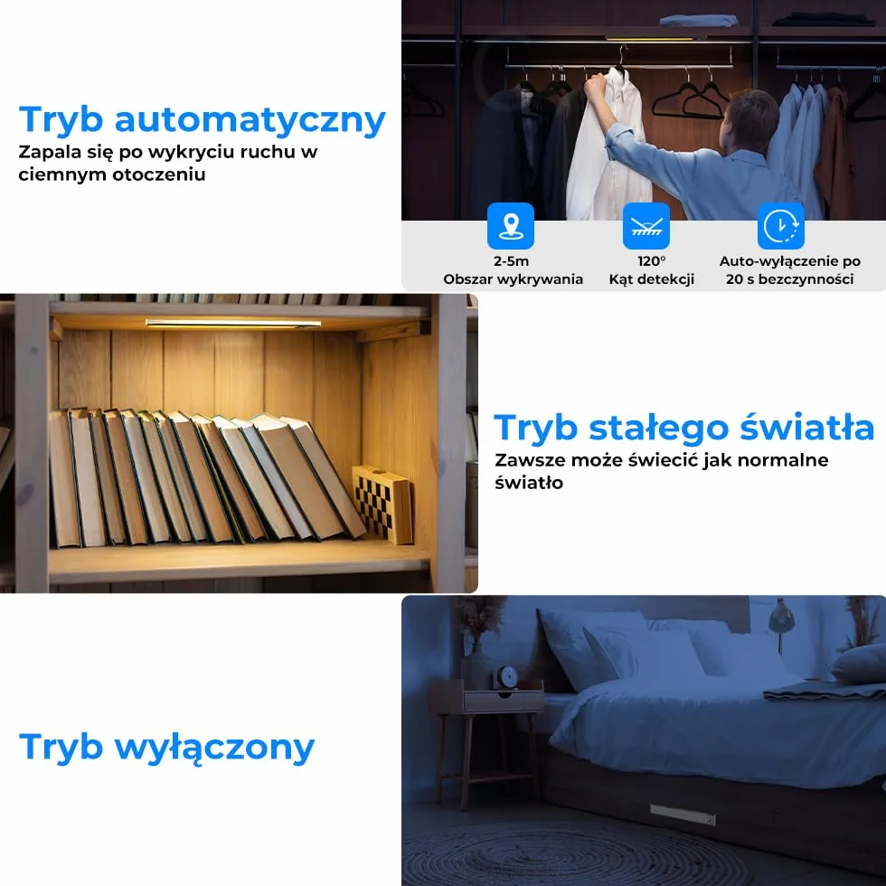 OUSFOT Oświetlenie Szafek 30 cm 2 sztuki, 3 Temperatury Barwowe, Regulowana Jasność, Czujnik Ruchu, ładowanie przez USB, nadaje się do szafek, gabinetów i schodów