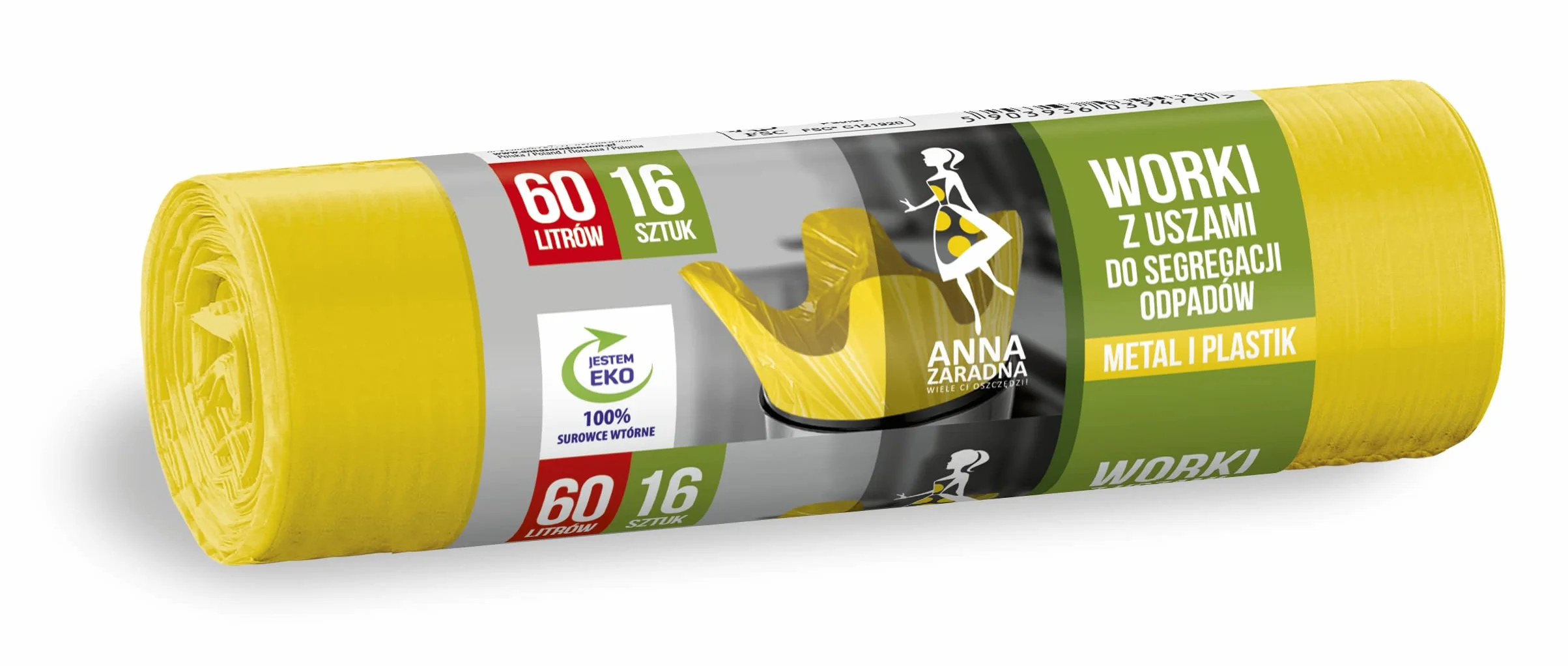 Anna Zaradna Worki z uszami do segregacji odpadów PLASTK, METAL 60L 16szt, kolor żółty
