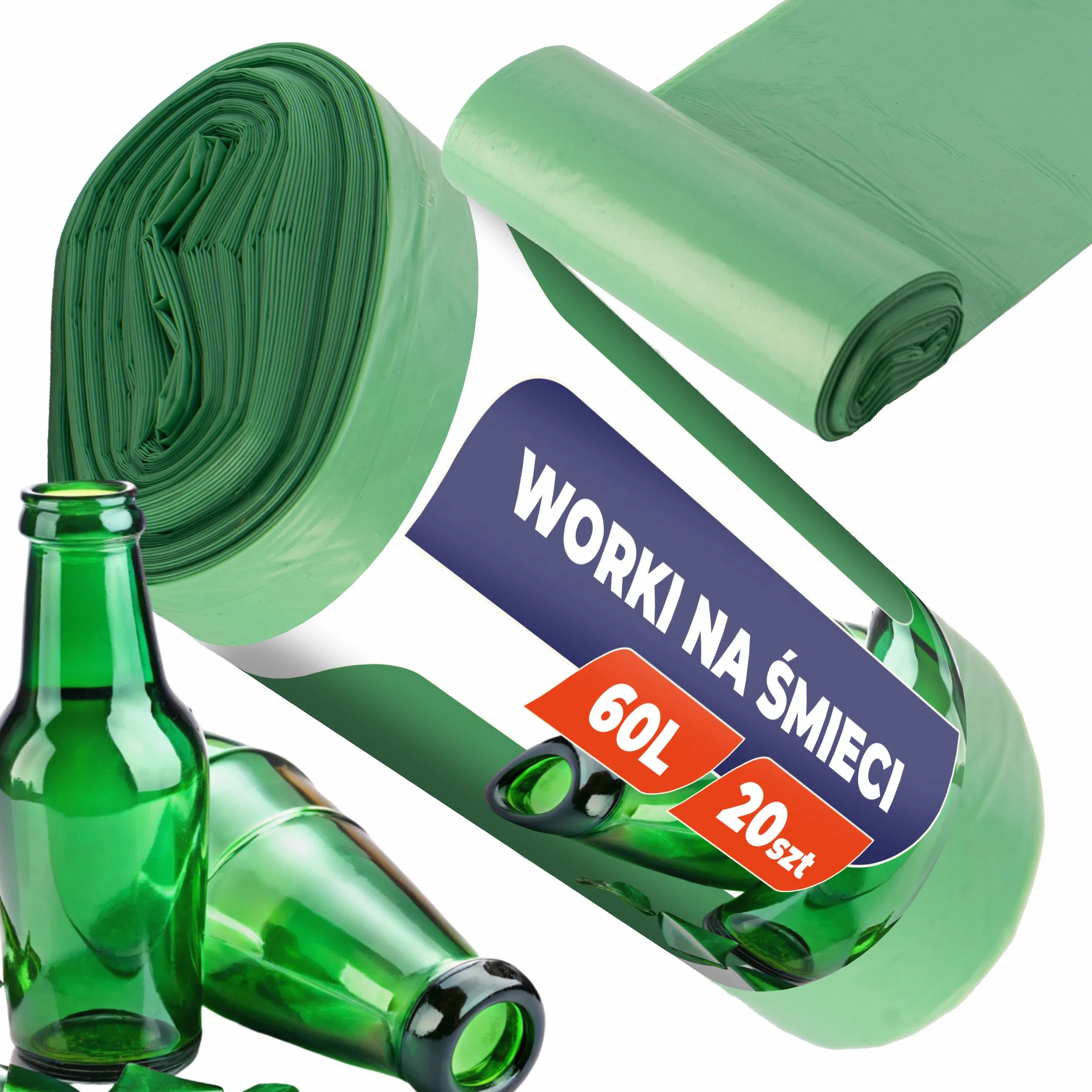 Worki do Segregacji Śmieci Zielone MOCNE 60L Rolka 20 szt Wytrzymałe Worki na Odpady Segregacyjne Materiał LDPE Worki w Rulonie do Pracy, Domu, Garażu Torby na Odpady