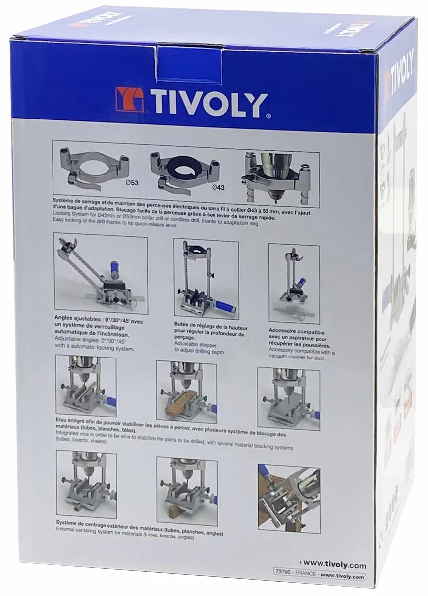 Tivoly 11110220007 Uchwyt wiertła do wkrętarki zaciskowej od 43 mm do 53 mm, system szybkiego zacisku, regulowany kąt wiercenia, imadło zaciskowe i wbudowany system ssący