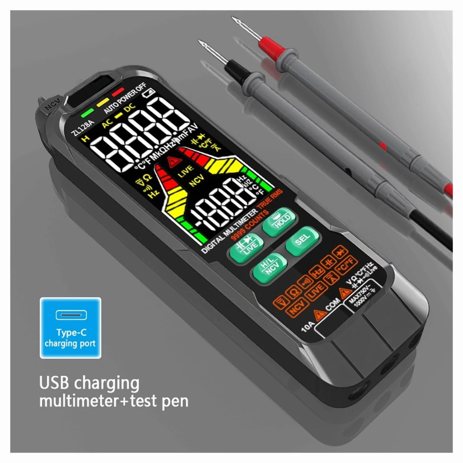 Cyfrowy Profesjonalny Multimetr 9999 T-RMS LCD DC AC Tester Napięcia Prądu Dioda Pojemnościowa Usb Szybko Dokładnie Łatwy Odczyt(126B)