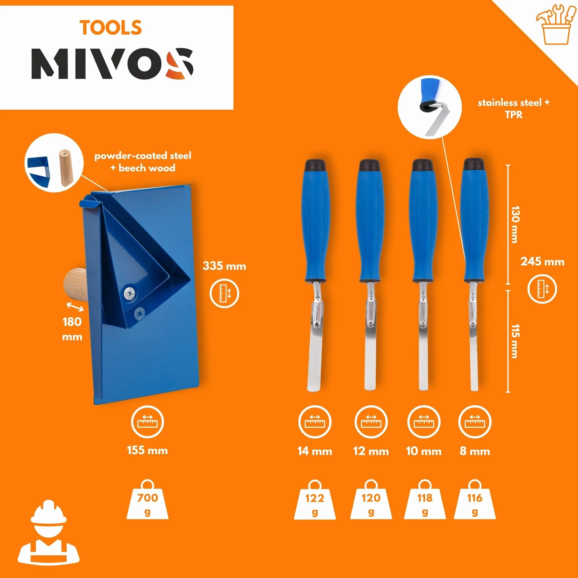 MIVOS Przyrząd do spoinowania ze stali nierdzewnej - płytka do spoinowania z uchwytem z drewna bukowego + 4 x kielnie do fugowania - szerokość 8 10 12 14 mm - zestaw kielni do fugowania