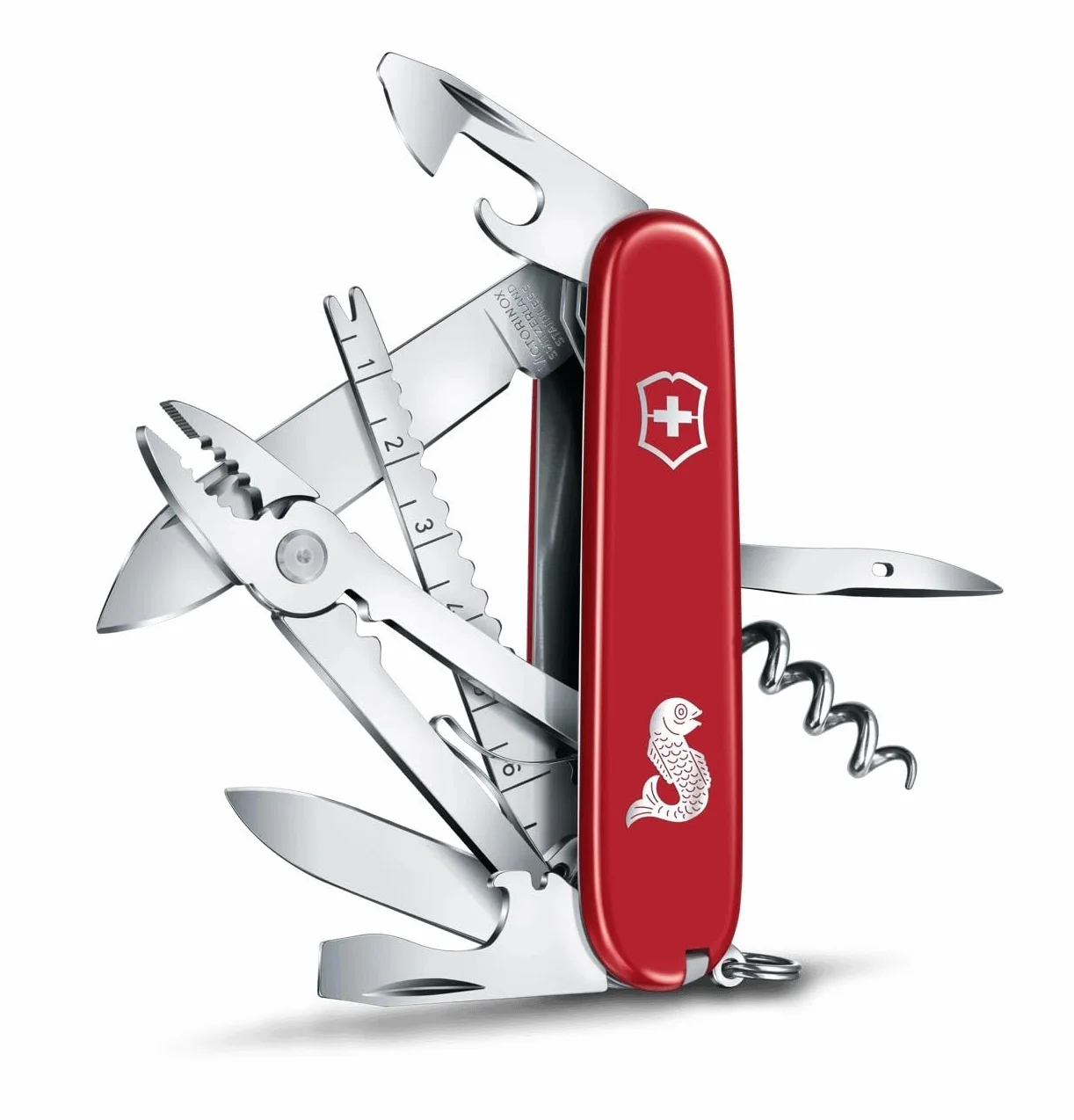 Victorinox Taschenmesser Angler (18 Funktionen, Klinge, Fischentschupper, Kombizange, Angellöser, Drahtschneider) rot