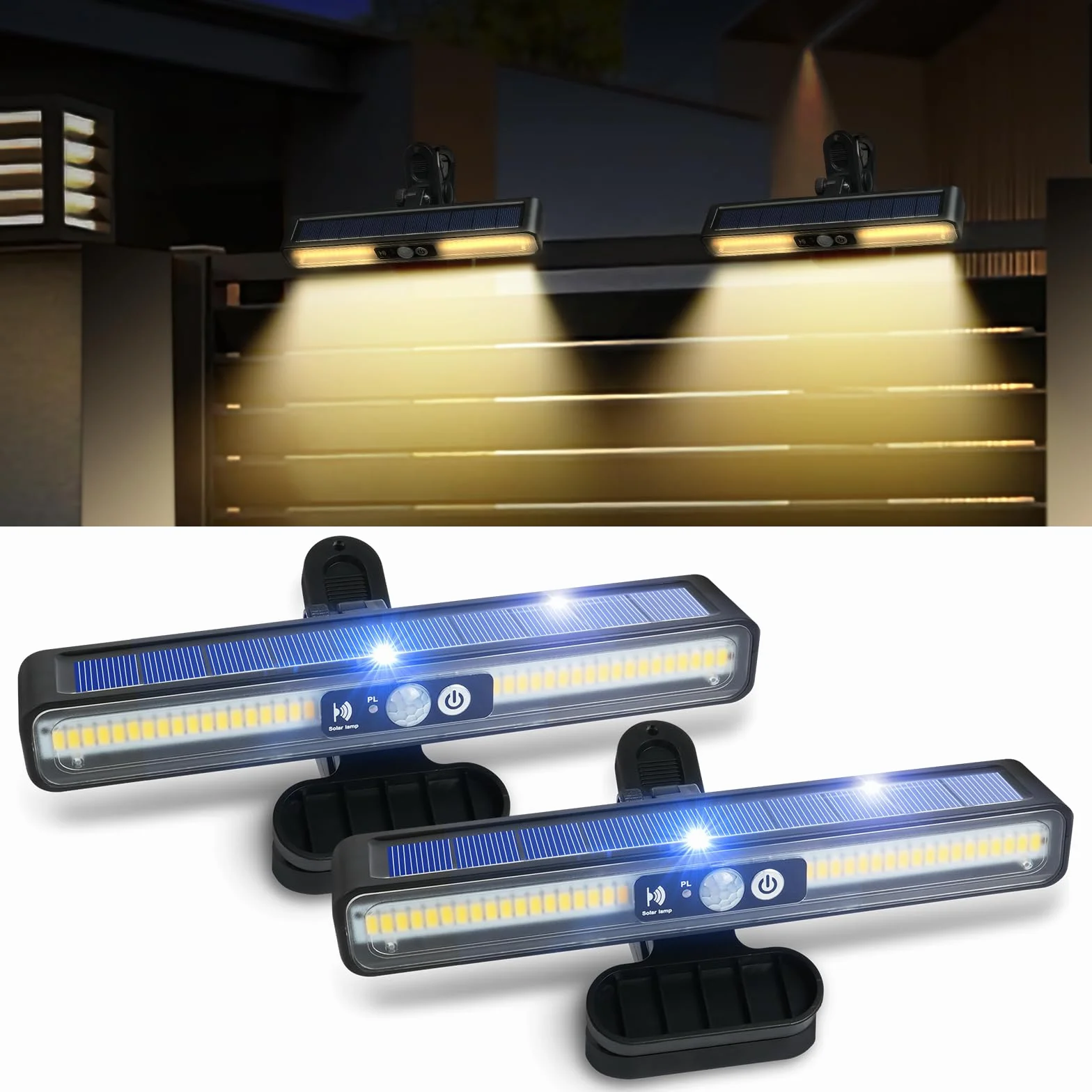 HOTUT Lampy Solarne Clip-on z Czujnikiem Ruchu 3 Tryby IP65 (2 szt.) - Wodoodporne do Drzwi Wejściowych i Tarasu