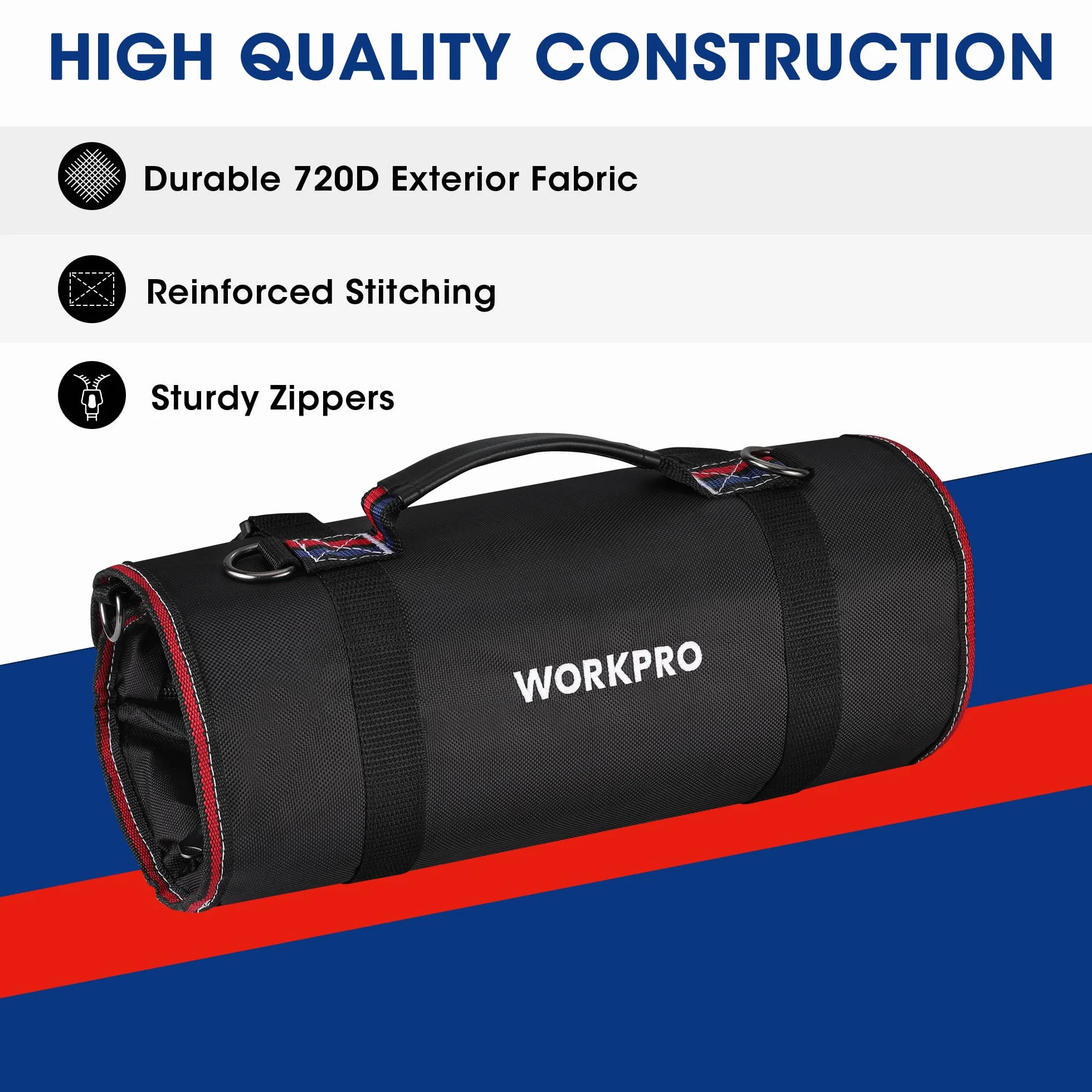WORKPRO Torba na narzędzia, zwijana torba uniwersalna, 57 x 36 cm organizer do rolek narzędzi, 6 kieszeni, tkanina Oxford 720D, dla elektryków/stolarzy/hydraulików