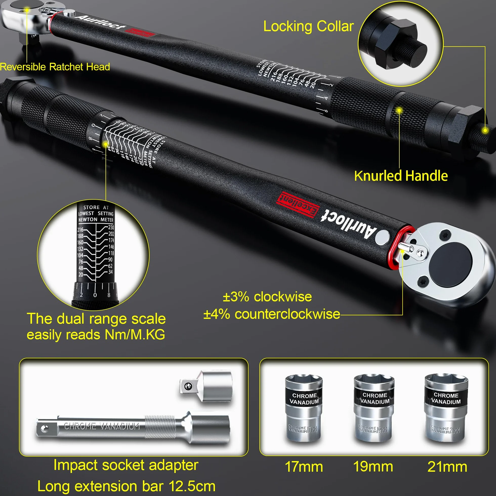 Klucz Dynamometryczny 1/2" 20-230 Nm, Samochodów i Motocykla, Klucz Obrotowy 6-częściowy Czarny