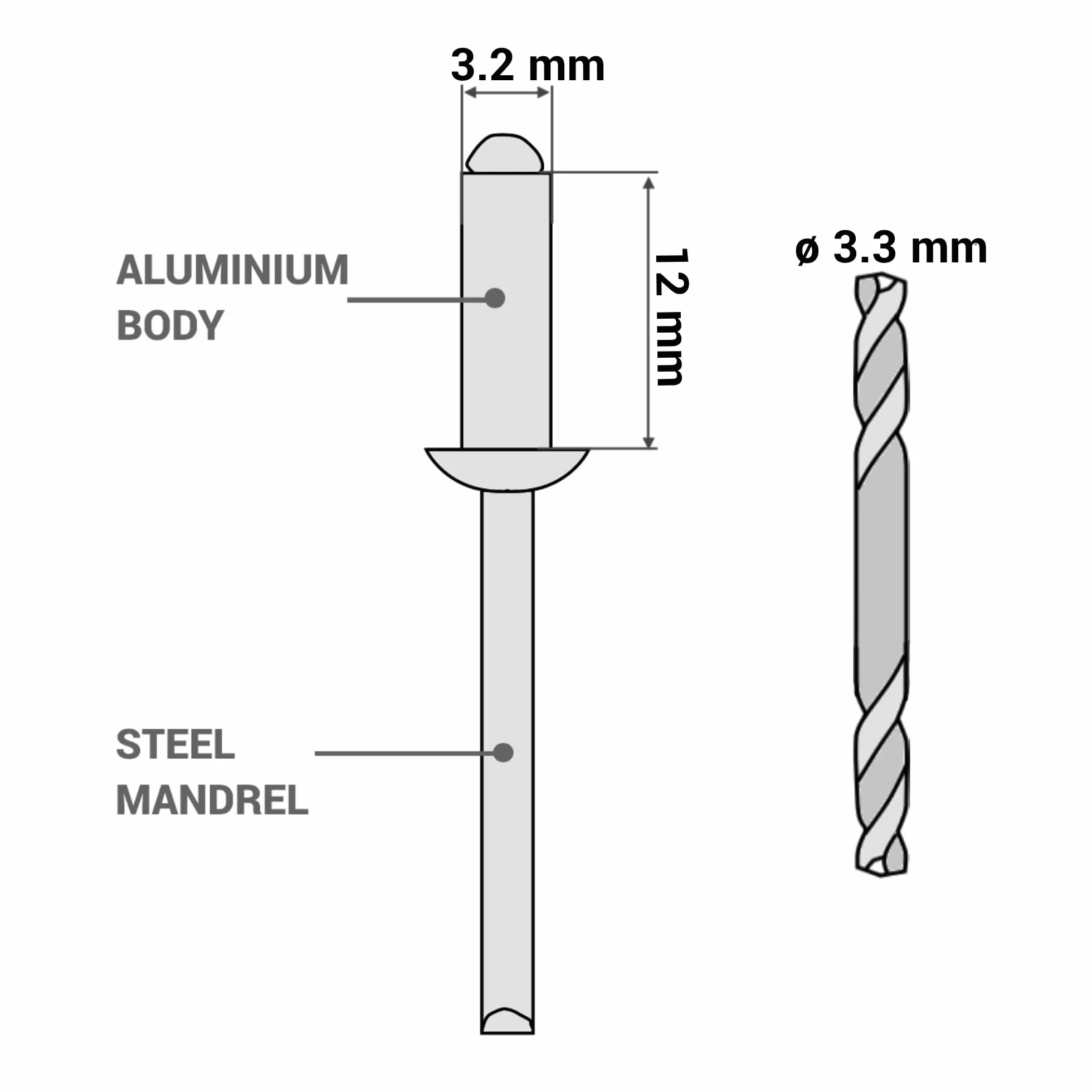SKIR'CO (800 szt.) Malowane nity zrywalne 3,2 x 12 mm, aluminiowe nity zrywalne, DIN 7337, głowica kopułowa, stalowy trzpień, nity pop (antracyt szary RAL 7016)