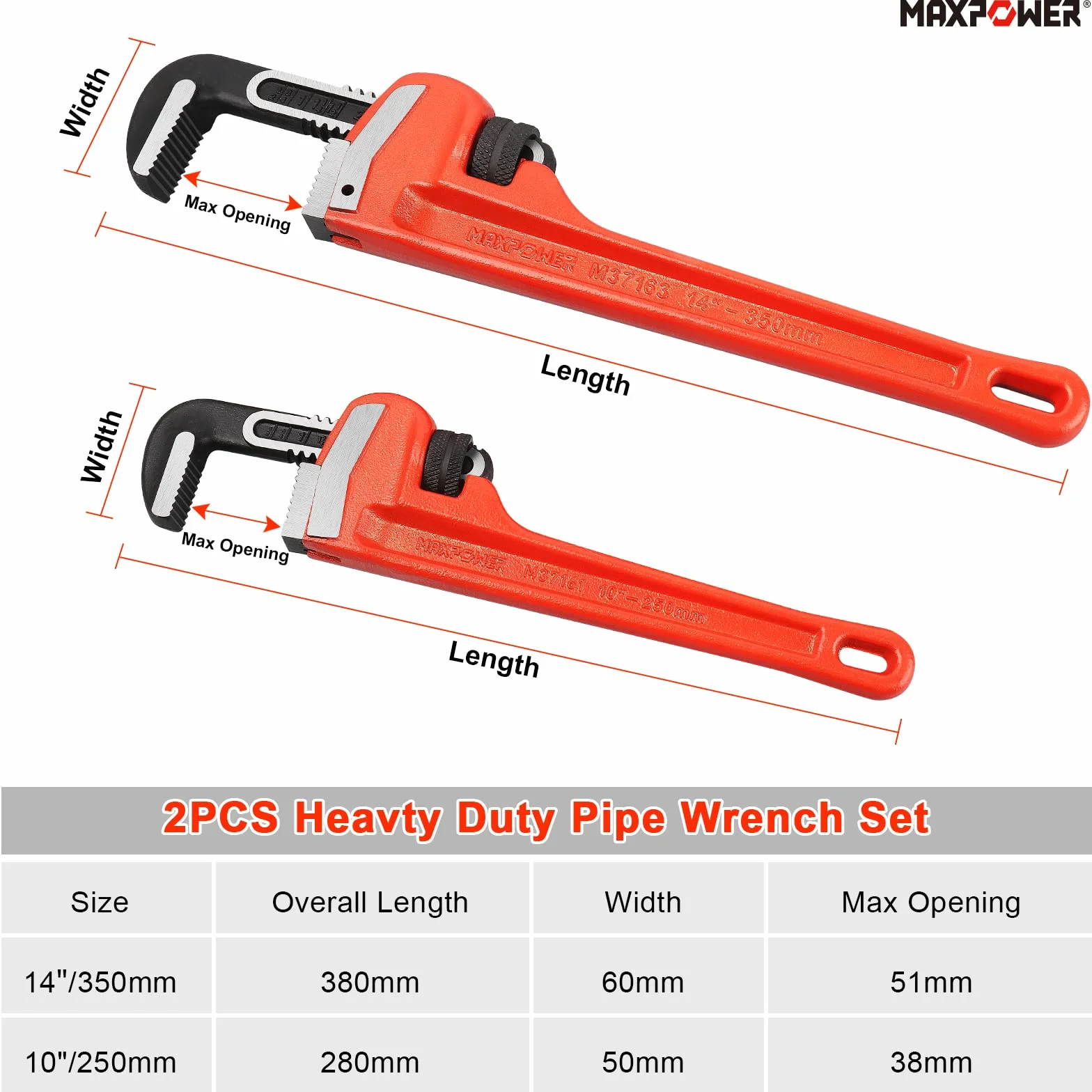 MAXPOWER Zestaw 2 szczypiec do rur 250 mm/350 mm, profesjonalne szczypce do pomp wodnych, narzędzia do naprawy rur