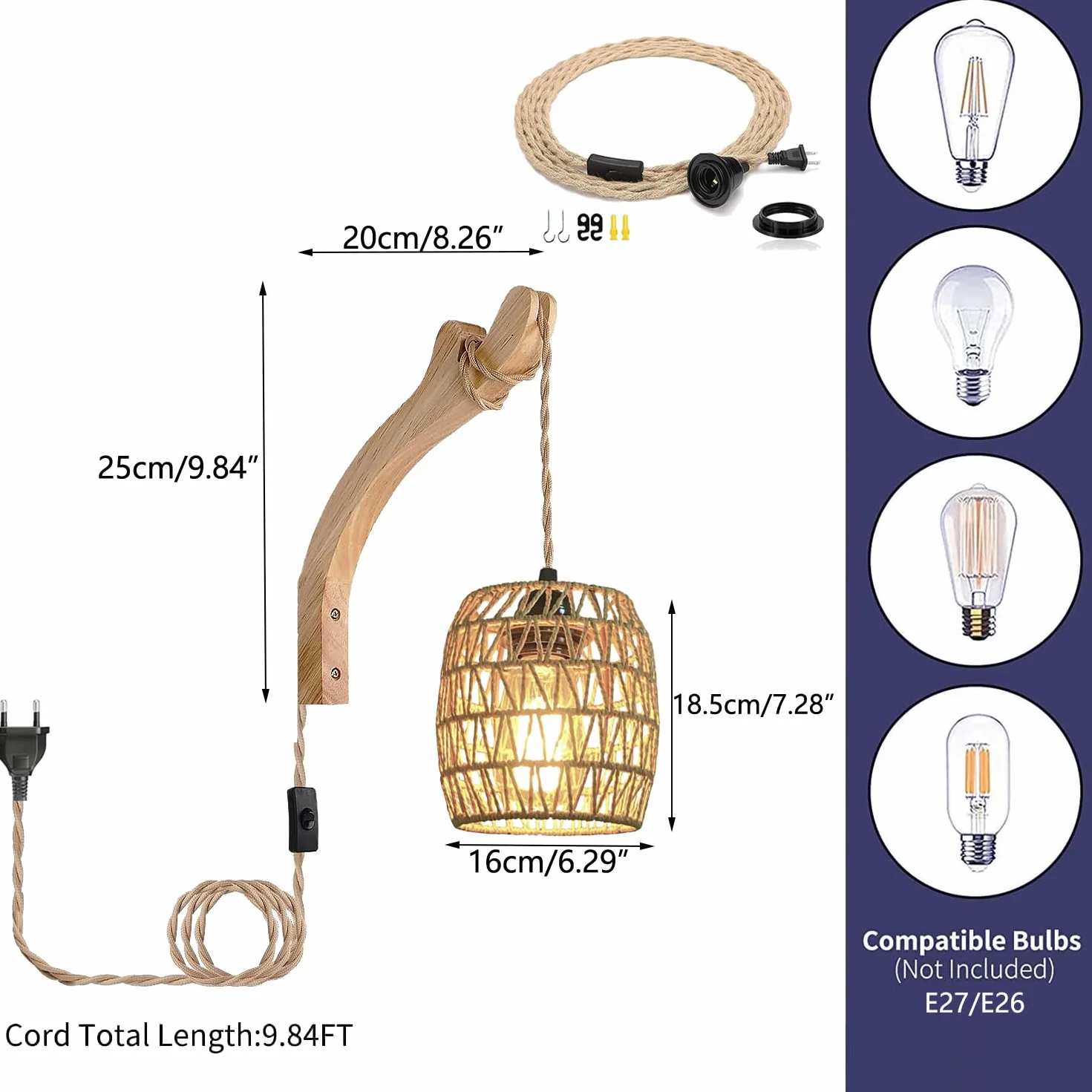 2 x lampa ścienna z przełącznikiem, drewno, lampa ścienna, kabel do gniazdka, E27, lampa wisząca, stolik nocny, rattan, lampa nocna, lampa do przedpokoju, lampa ścienna, do pokoju dziecięcego,