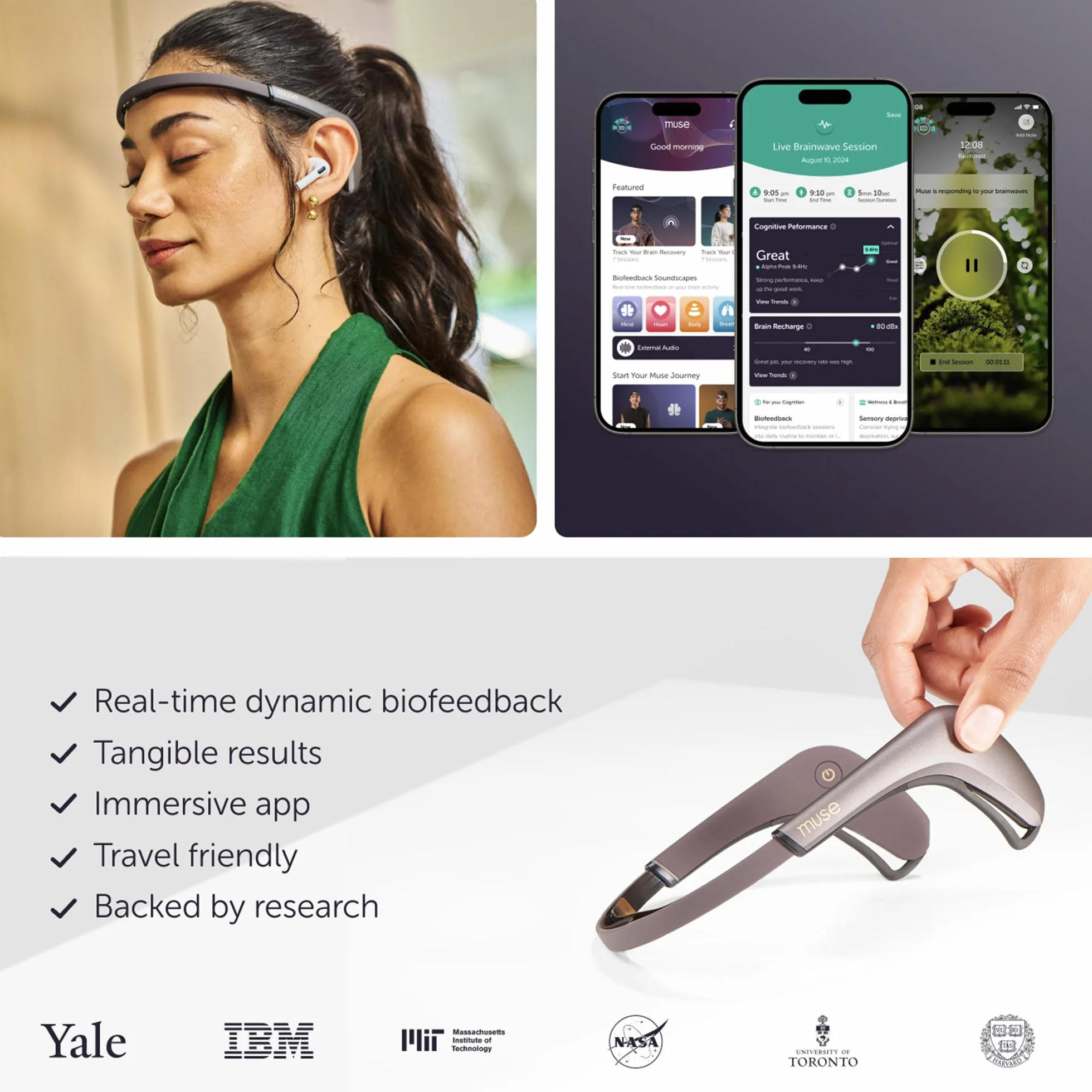 MUSE 2: Opaska na głowę z czujnikiem mózgu USB-C- EEG MUSE opaska na głowę do medytacji - wiele czujników biofeedback urządzenia do użytku domowego z responsywnymi wskazówkami dotyczącymi sprzężenia