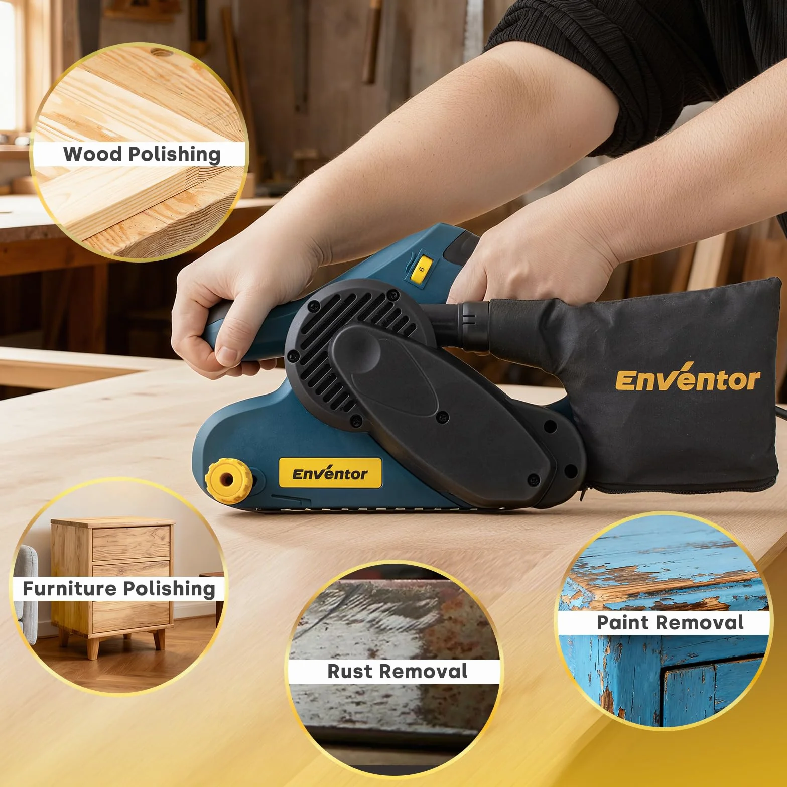 Enventor 950W with Belt Sander, 6 Speed Grades (120-380 Meters per Minute), 2-in-1 Grinding Machine with Dust Bag ＆ 12 Belt Sanders (P24, P80, P120, P180), 76 x 533 mm