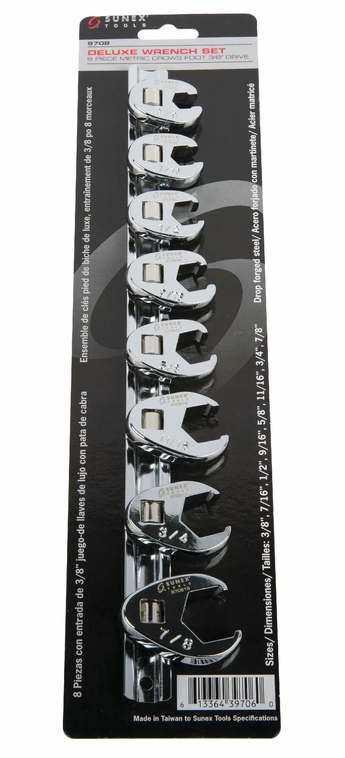 Sunex Tools 9708 3/8-calowy dysk frakcyjny Crowfoot Flare Zestaw kluczy nasadowych, 3/8-calowy - 7/8-calowy, w pełni polerowany, 8-częściowy