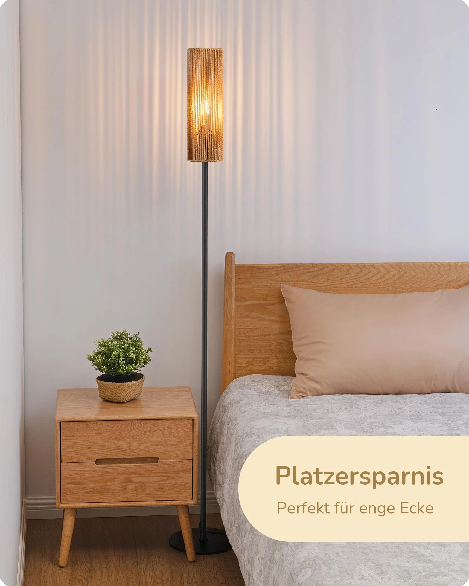 EDISHINE Lampa stojąca LED do salonu, lampa stojąca z abażurem z tkanej liny, lampa stojąca vintage 2700 K, styl boho, E27, do sypialni, pokoju dziecięcego lub sofy narożnej, wysokość 165 cm