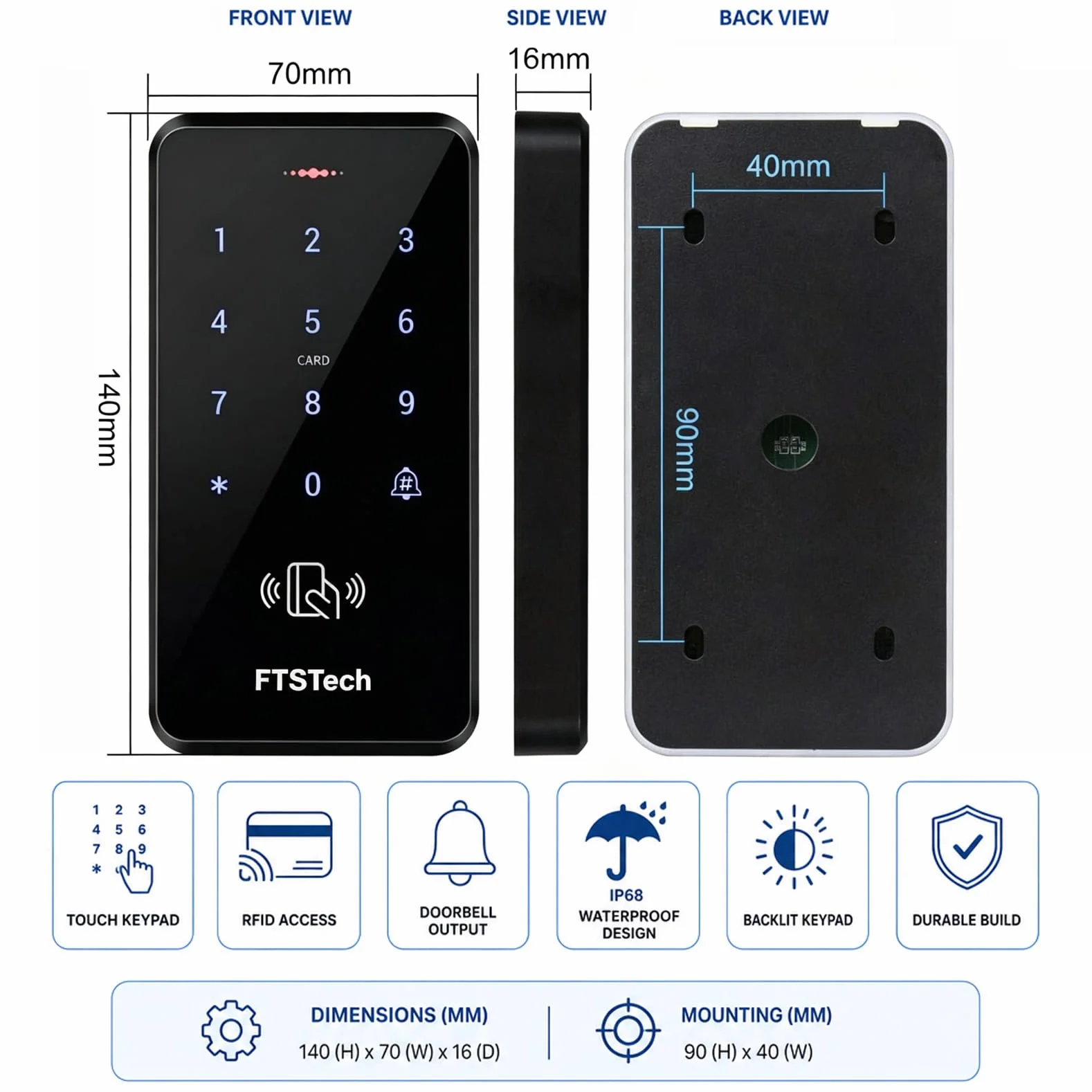 Wodoodporny system kontroli dostępu do drzwi DC12V IP68 RFID, 3000 użytkowników+10 Keyfo Niebieski (IC 13,56MHz)